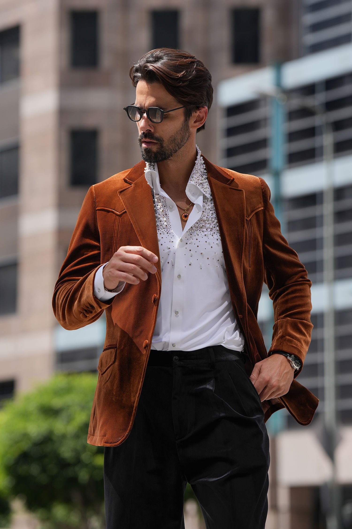 Barabas Men's Velvet Shiny Design Notch Lapel Blazer 5BL13 Cofee