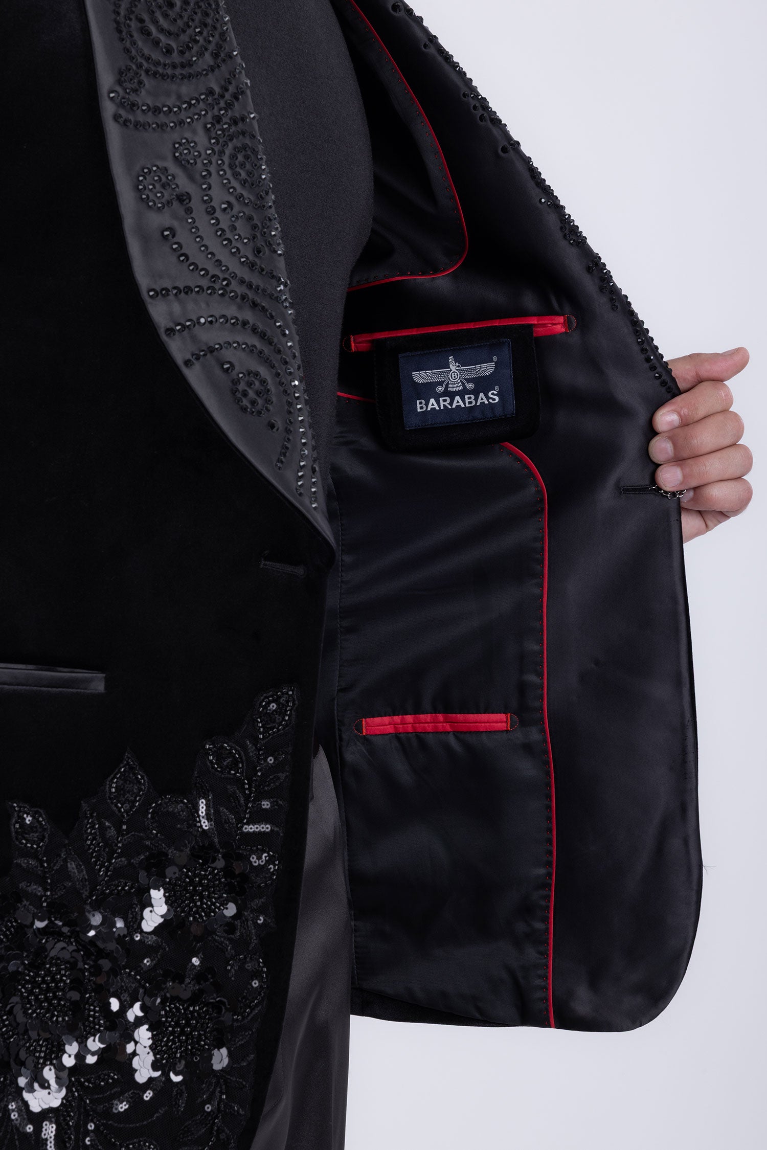 Barabas Men's Rhinestones Velvet Shawl Lapel Floral Blazer 5BL15 Black