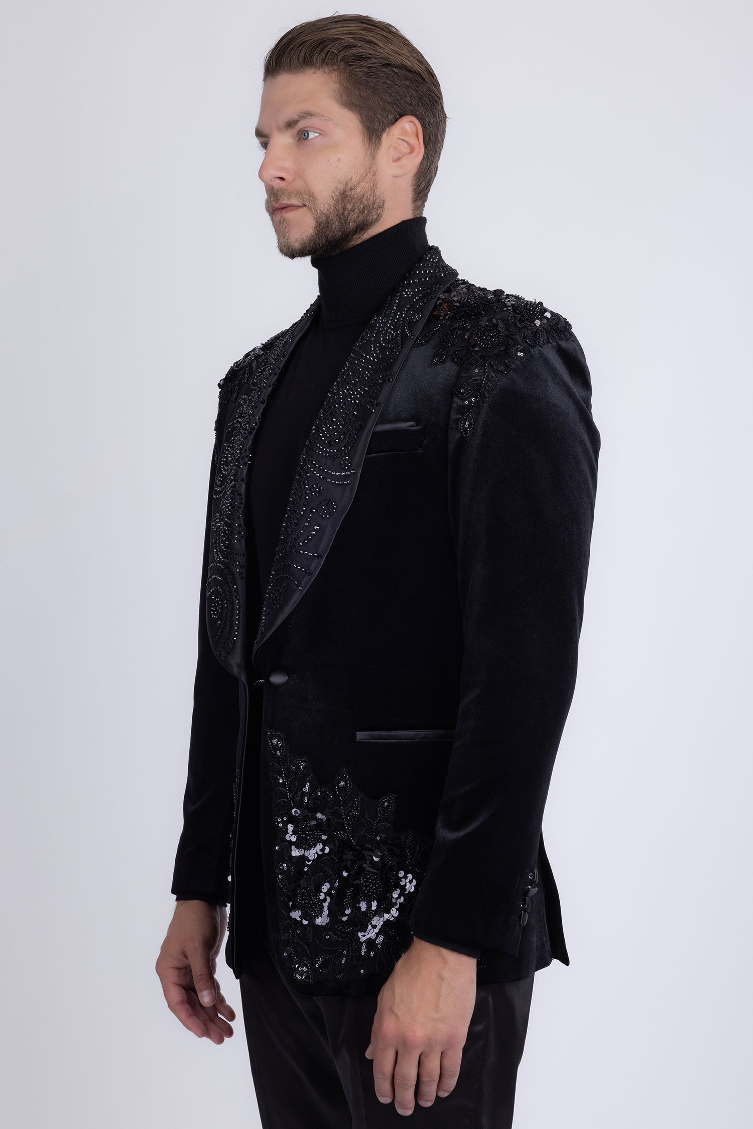 Barabas Men's Rhinestones Velvet Shawl Lapel Floral Blazer 5BL15 Black