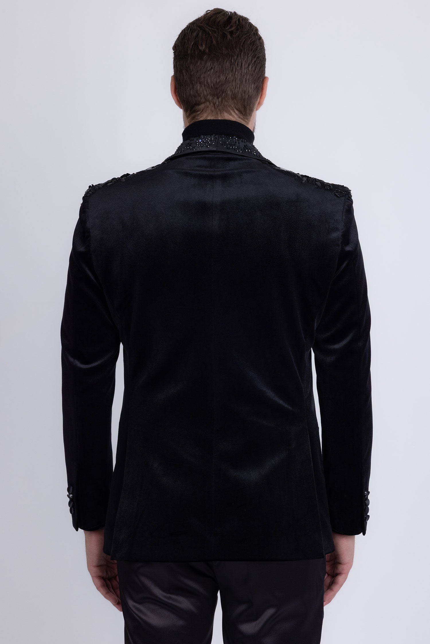 Barabas Men's Rhinestones Velvet Shawl Lapel Floral Blazer 5BL15 Black