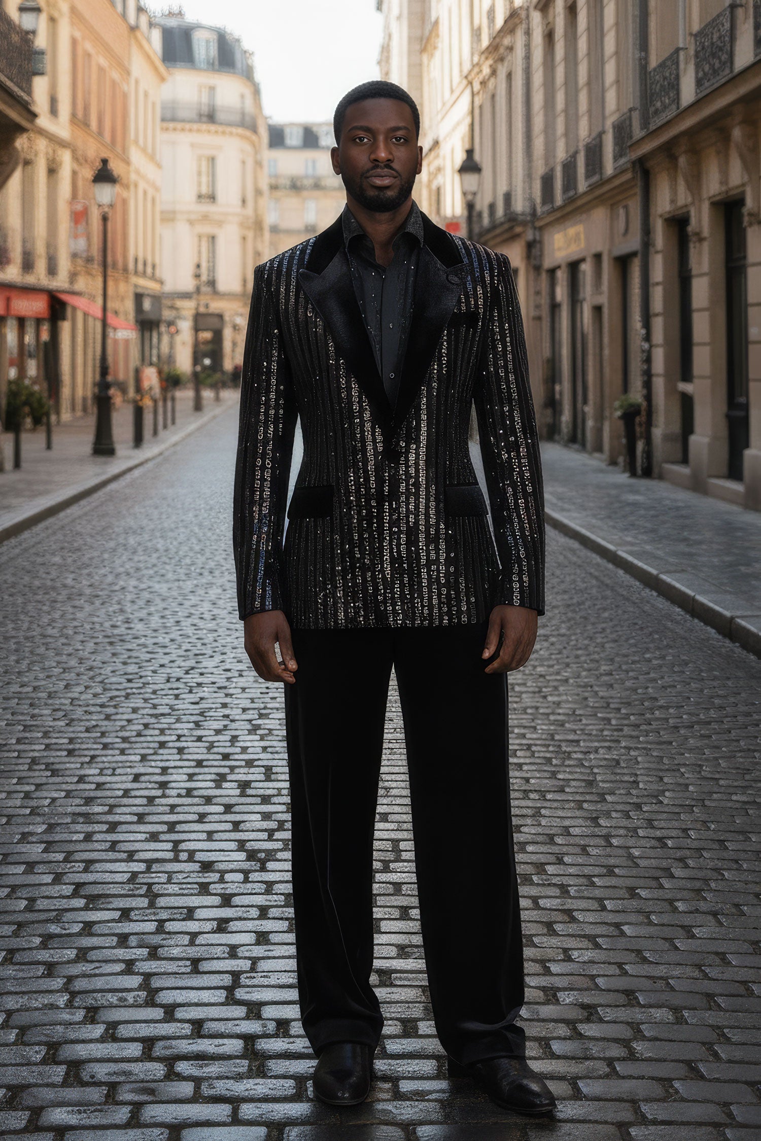 Barabas Men's Sequin Geometric Design Peak Lapel Blazer 5BL16 Black