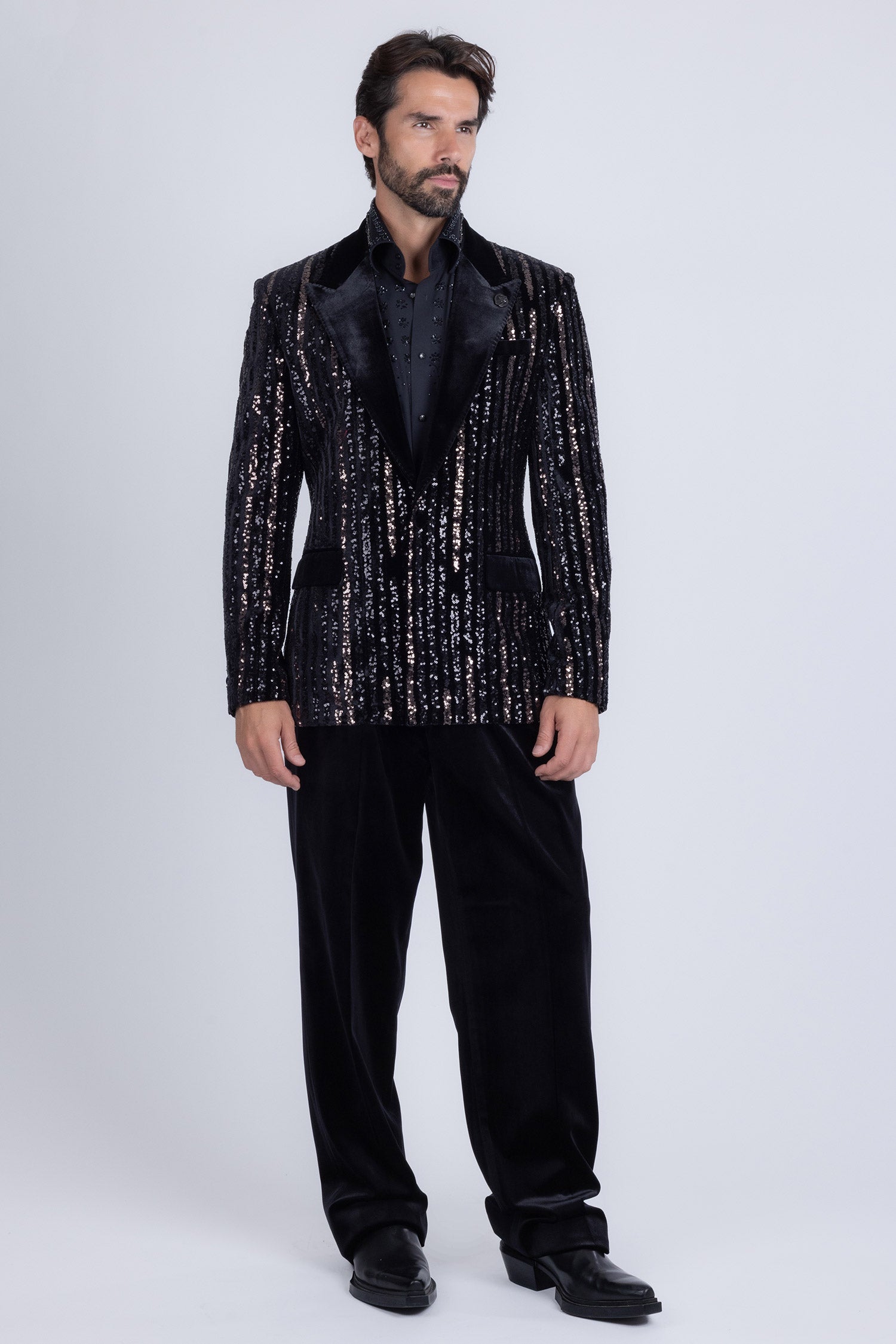 Barabas Men's Sequin Geometric Design Peak Lapel Blazer 5BL16 Black Gun Metal