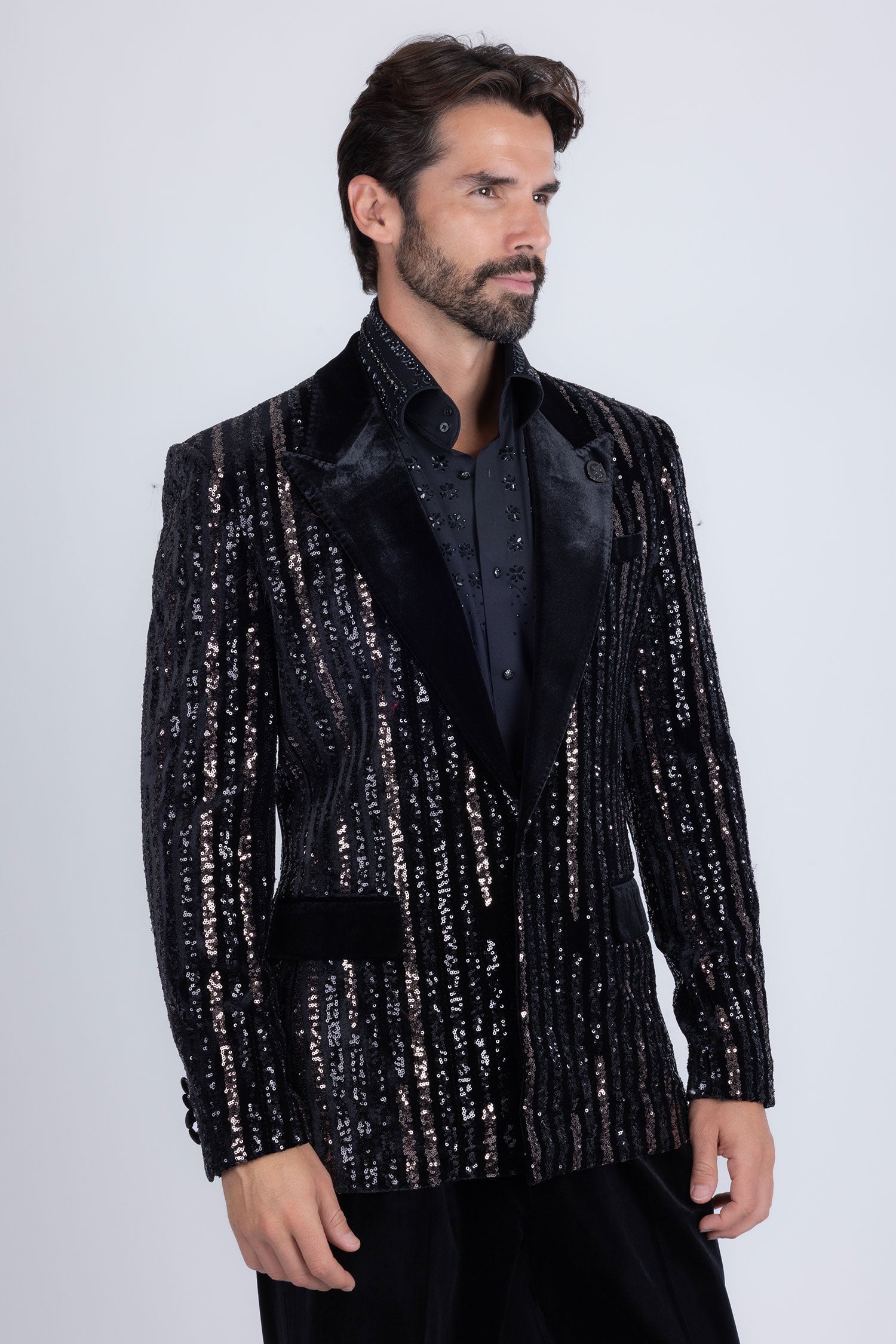 Barabas Men's Sequin Geometric Design Peak Lapel Blazer 5BL16 Black