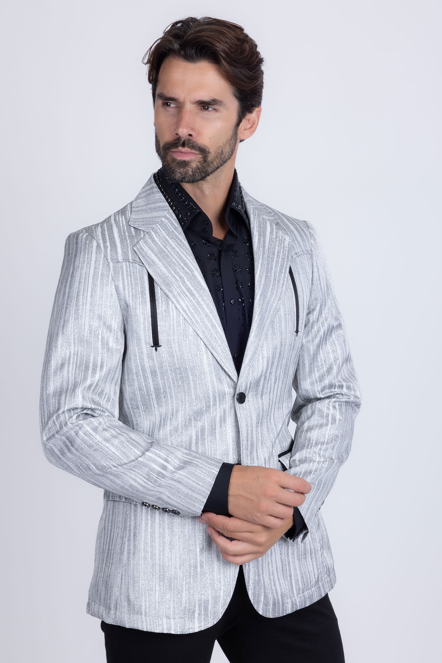 Barabas Men's Shiny Geometric Design Notch Lapel Blazer 5BL17 Charcoal
