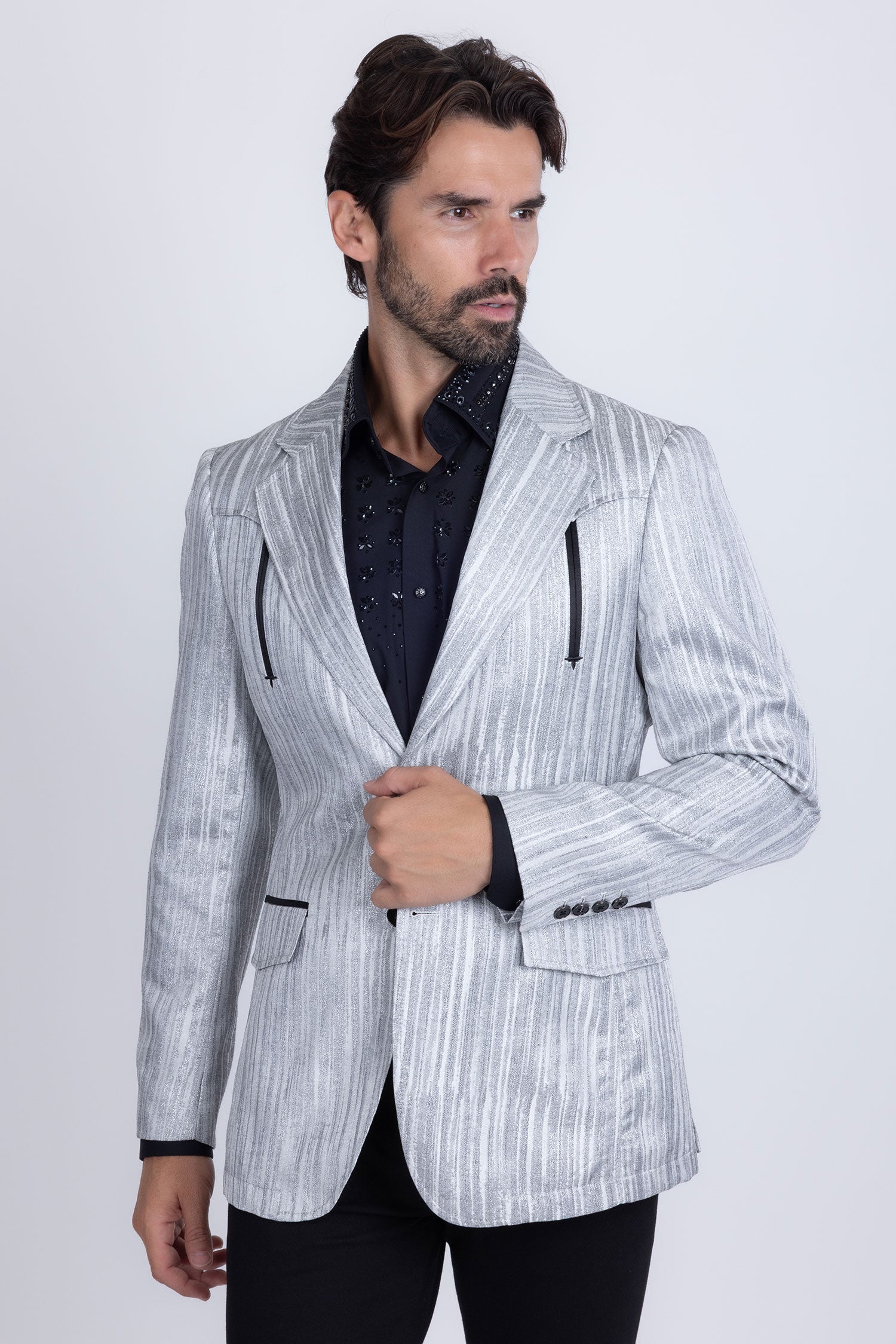 Barabas Men's Shiny Geometric Design Notch Lapel Blazer 5BL17 Grey