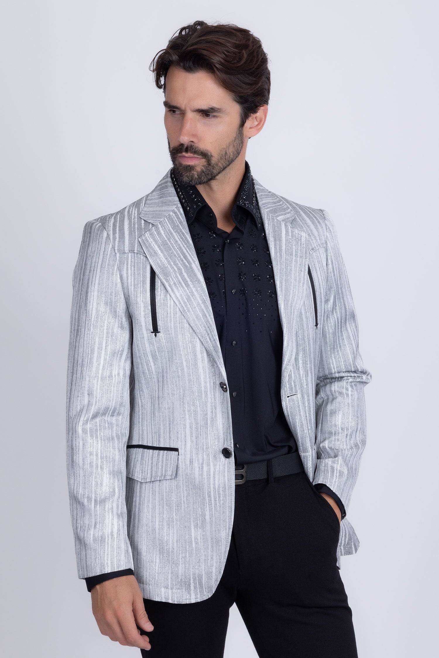 Barabas Men's Shiny Geometric Design Notch Lapel Blazer 5BL17 Charcoal