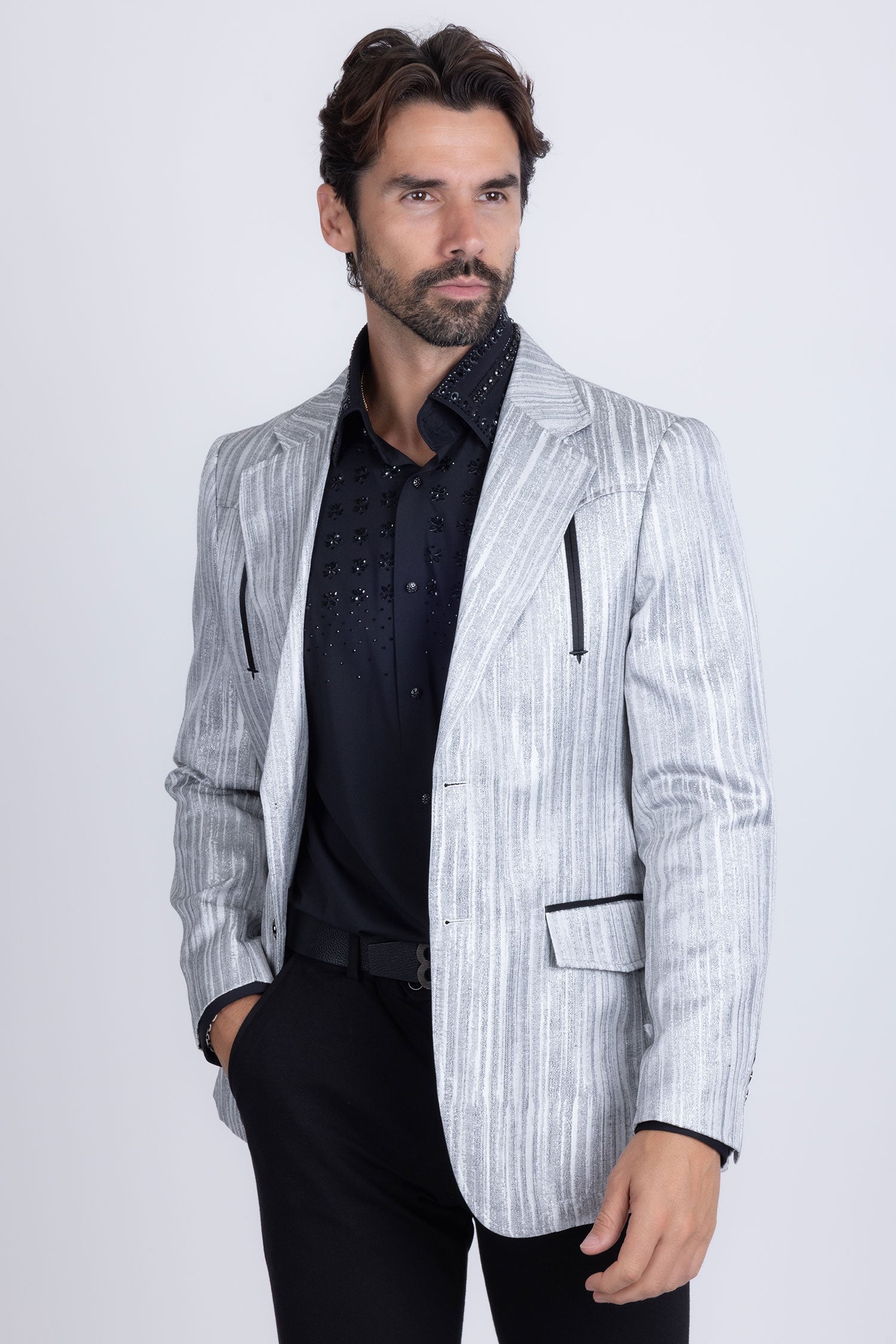 Barabas Men's Shiny Geometric Design Notch Lapel Blazer 5BL17 Charcoal