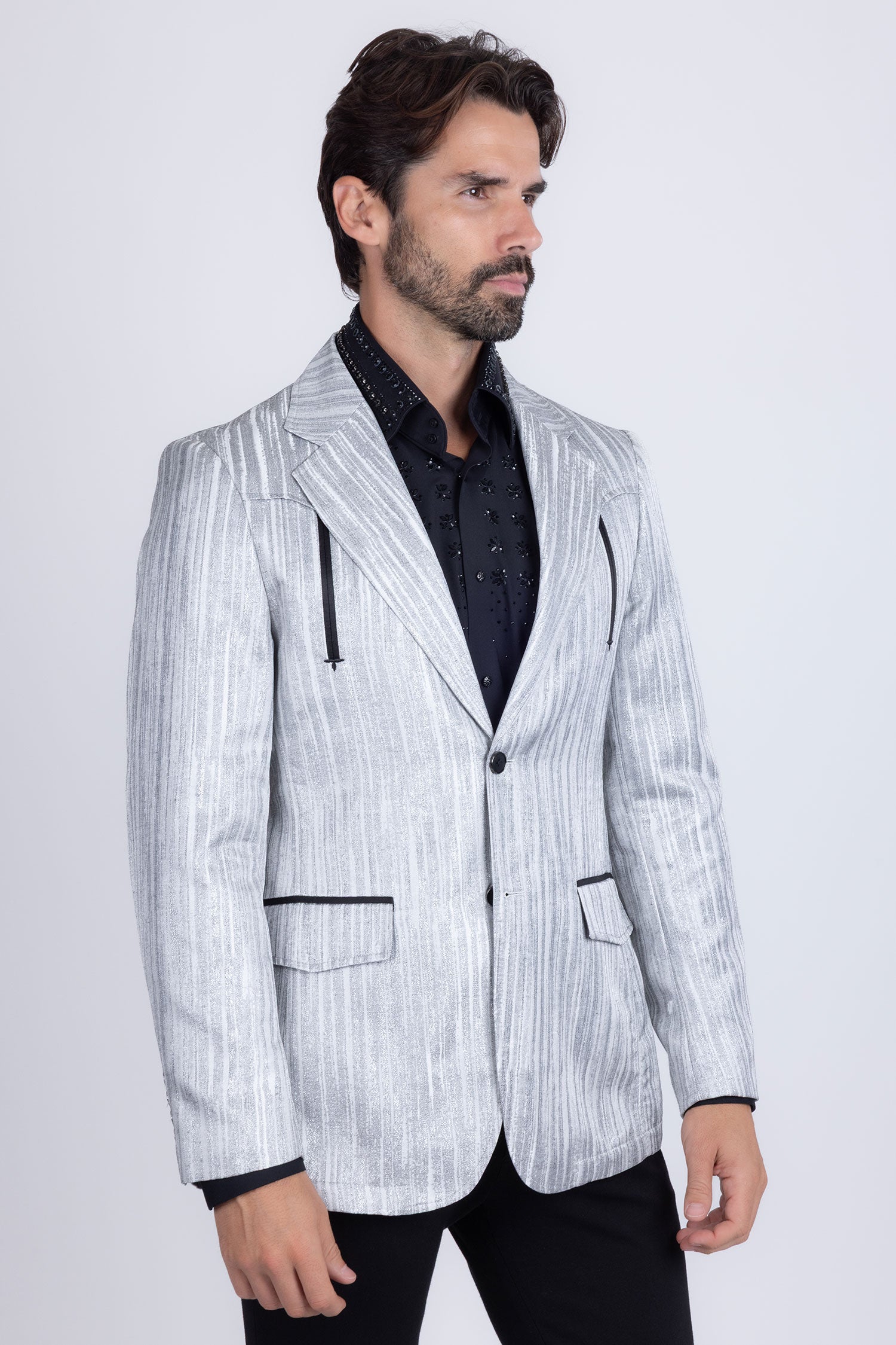 Barabas Men's Shiny Geometric Design Notch Lapel Blazer 5BL17 Charcoal