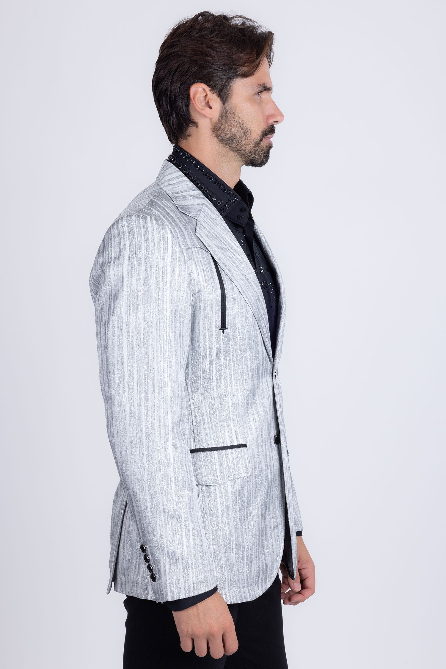 Barabas Men's Shiny Geometric Design Notch Lapel Blazer 5BL17 Charcoal