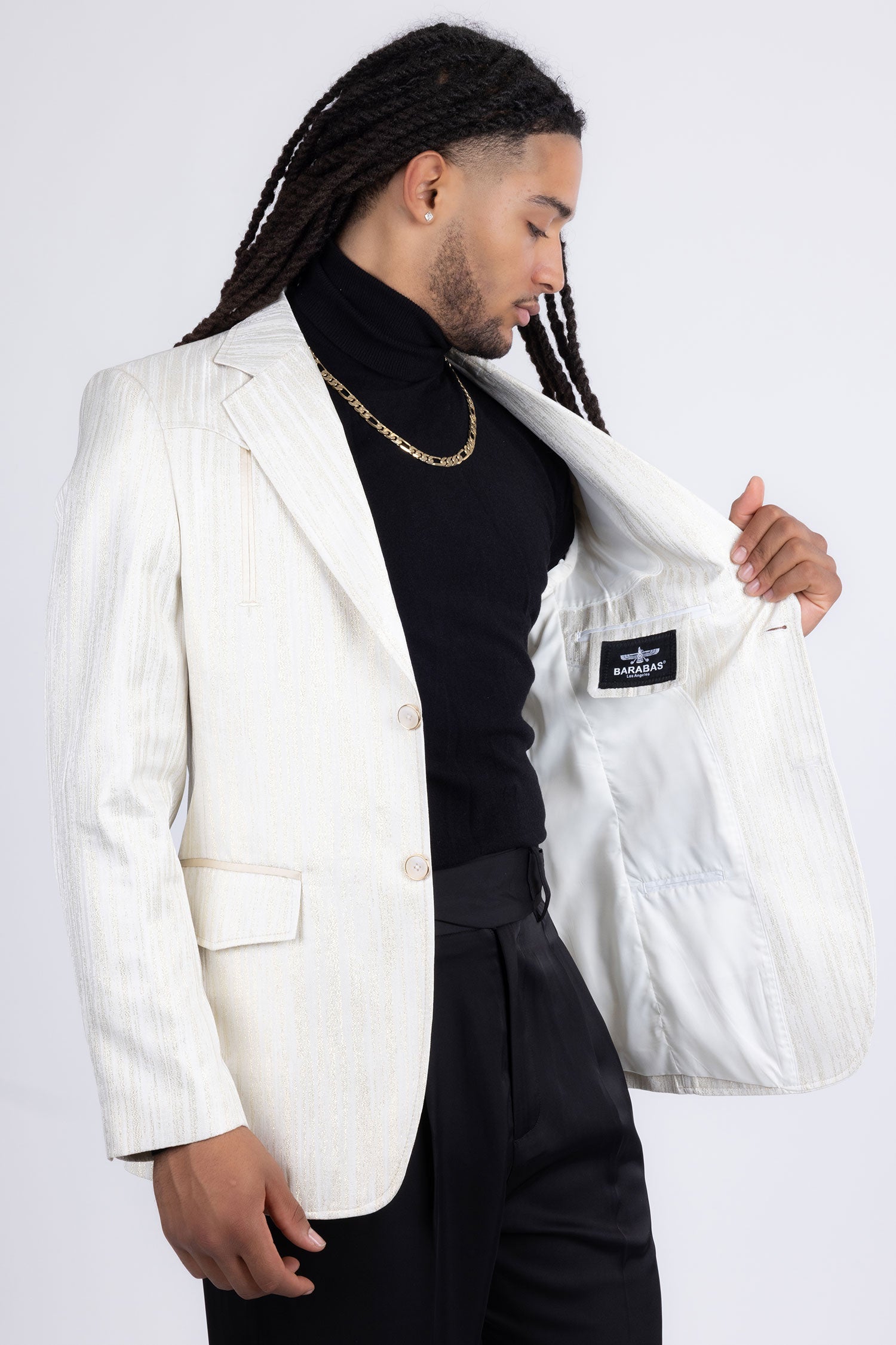 Barabas Men's Shiny Geometric Design Notch Lapel Blazer 5BL17 White Gold