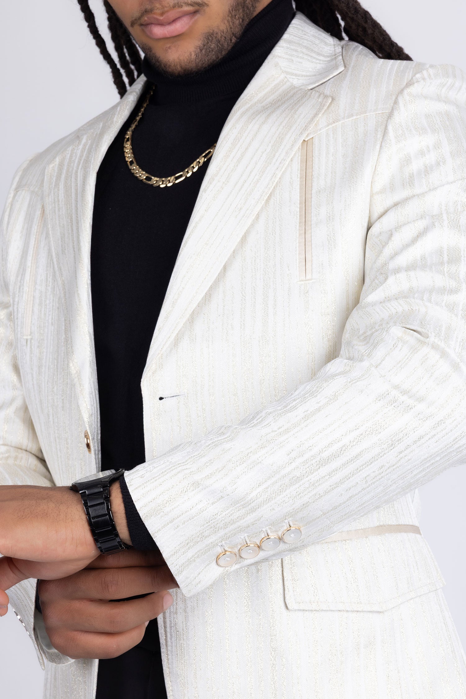 Barabas Men's Shiny Geometric Design Notch Lapel Blazer 5BL17 White Gold