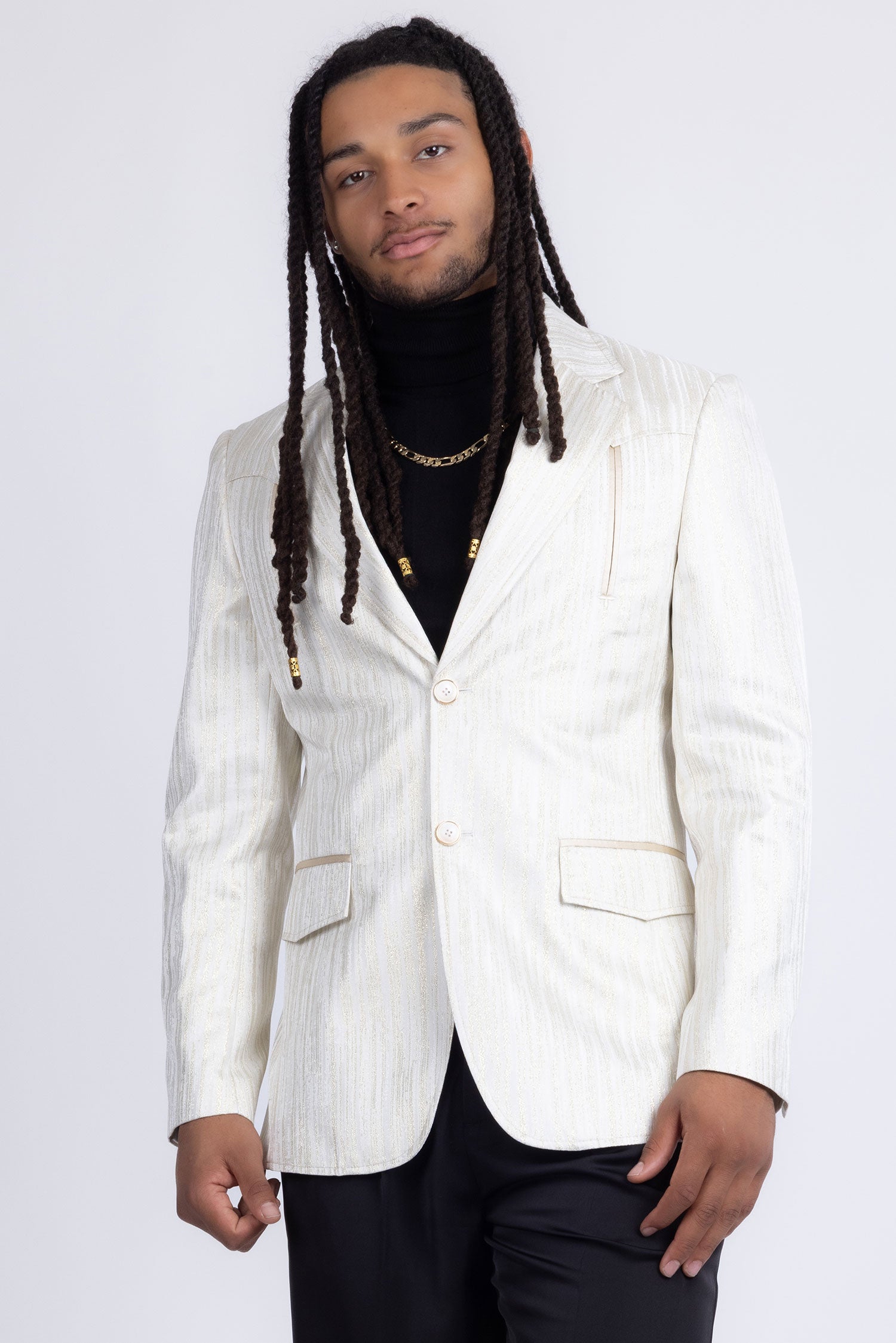 Barabas Men's Shiny Geometric Design Notch Lapel Blazer 5BL17 White Gold