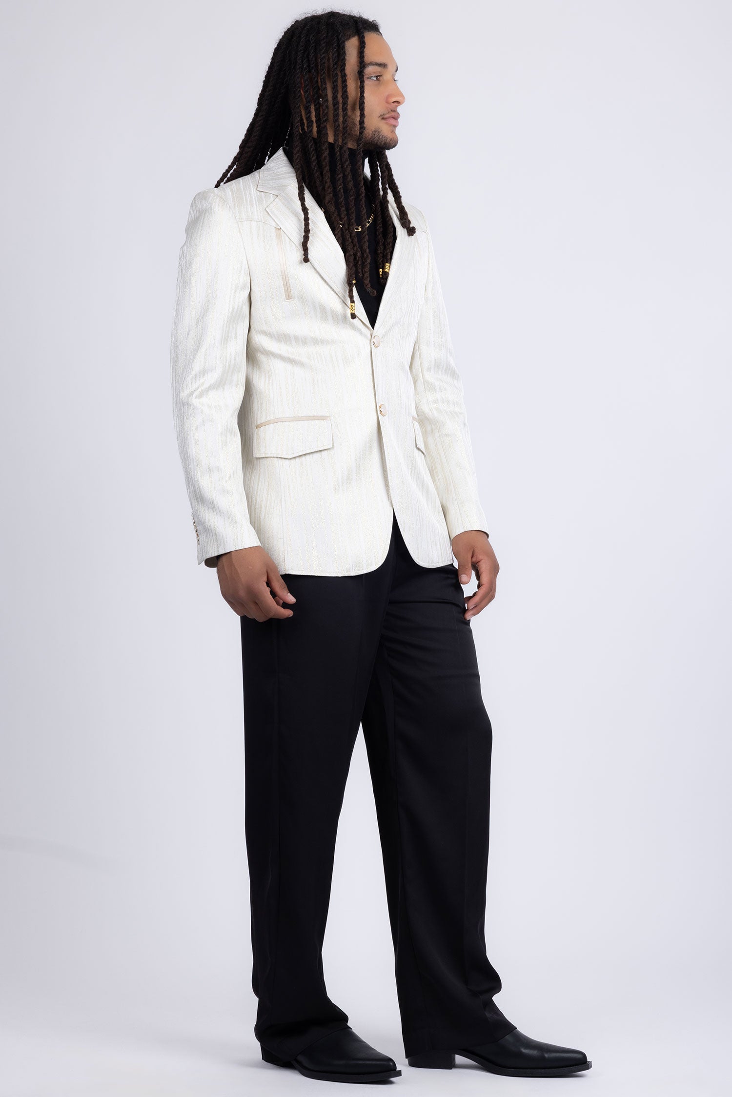 Barabas Men's Shiny Geometric Design Notch Lapel Blazer 5BL17 White Gold