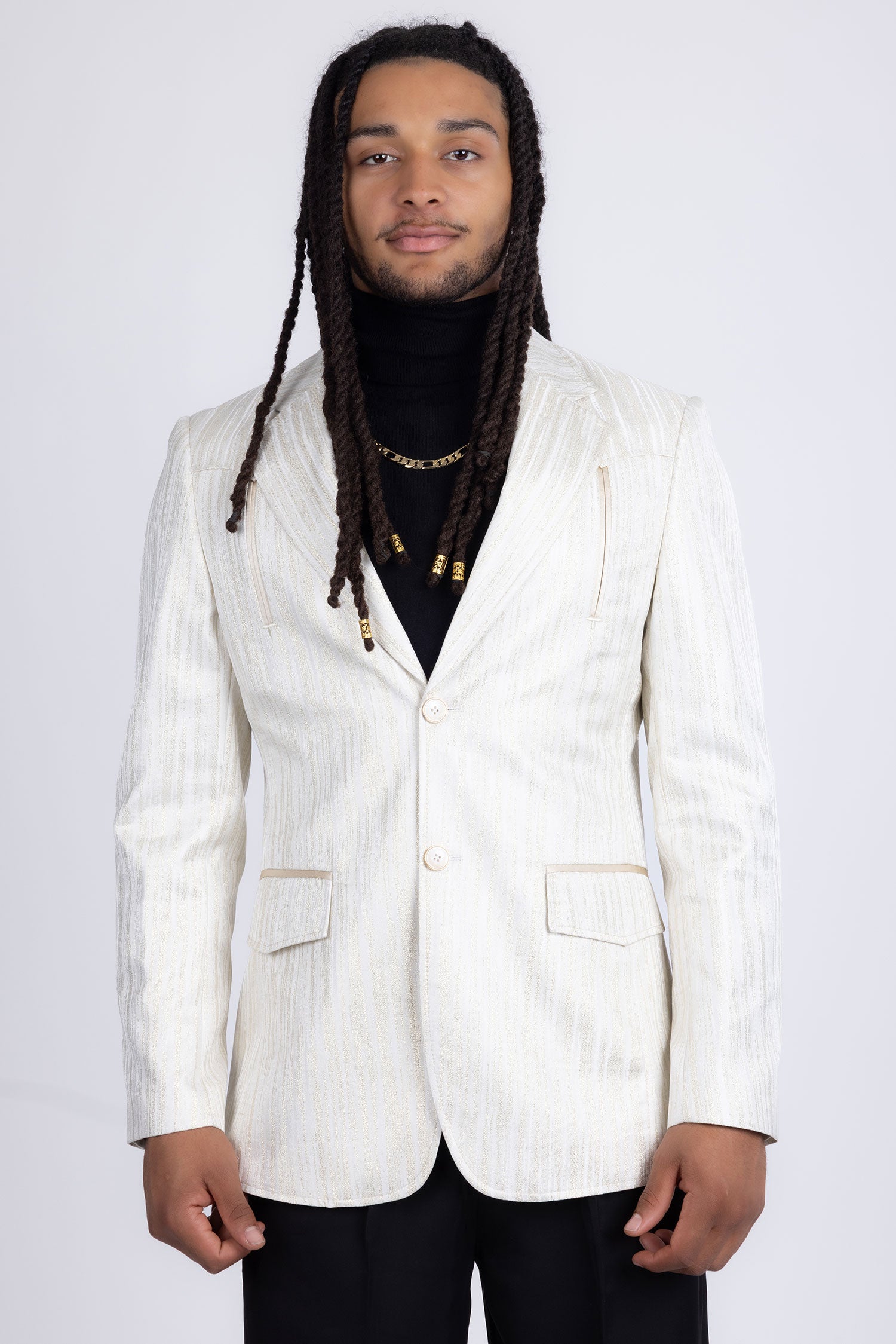 Barabas Men's Shiny Geometric Design Notch Lapel Blazer 5BL17 White Gold