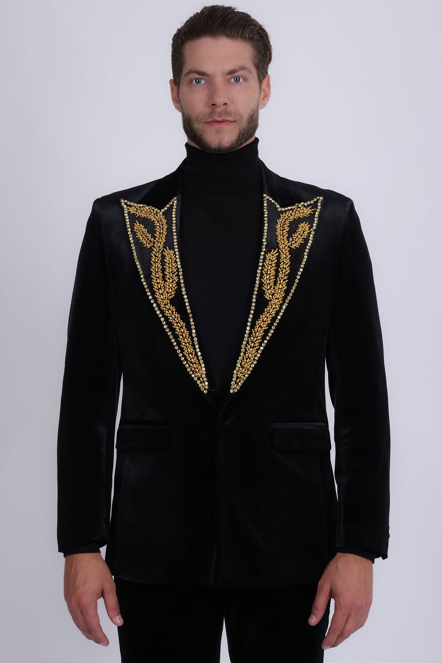 Barabas Men's Pearl Geometric Design Peak Lapel Blazer 5BL19 Black Gold