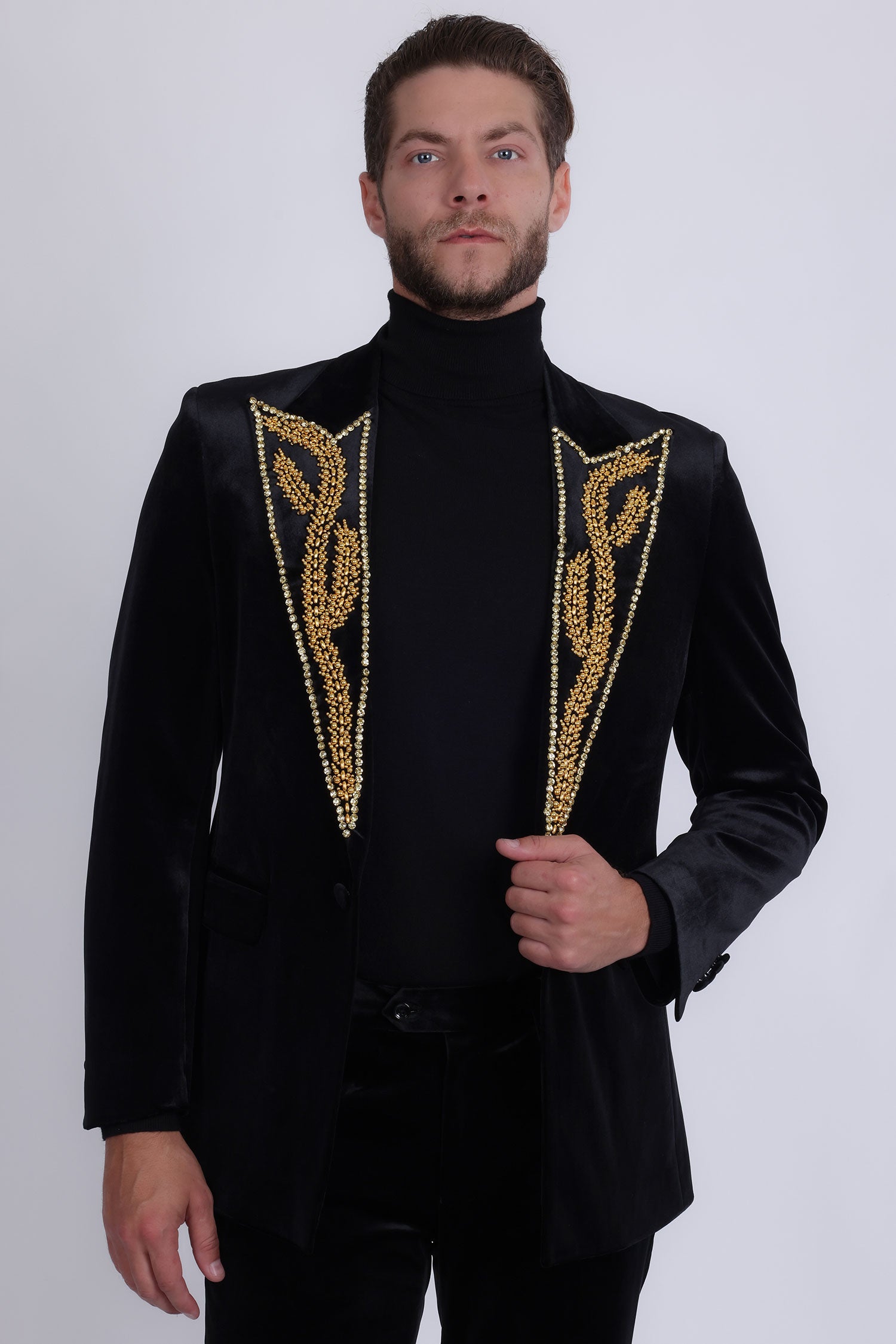 Barabas Men's Pearl Geometric Design Peak Lapel Blazer 5BL19 Black Gold