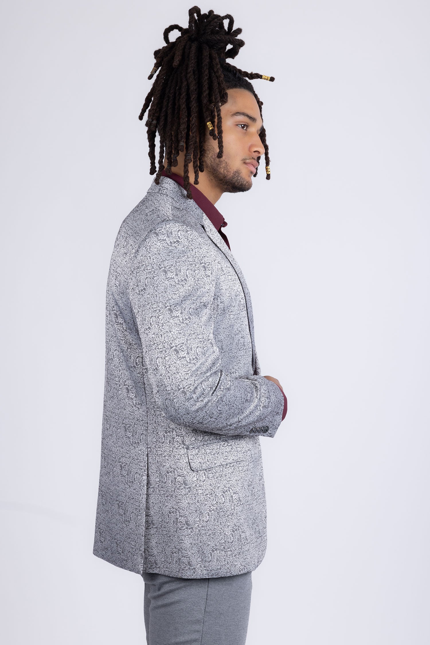 Barabas Men's Floral Geometric Design Notch Lapel Blazer 5BL21 Silver