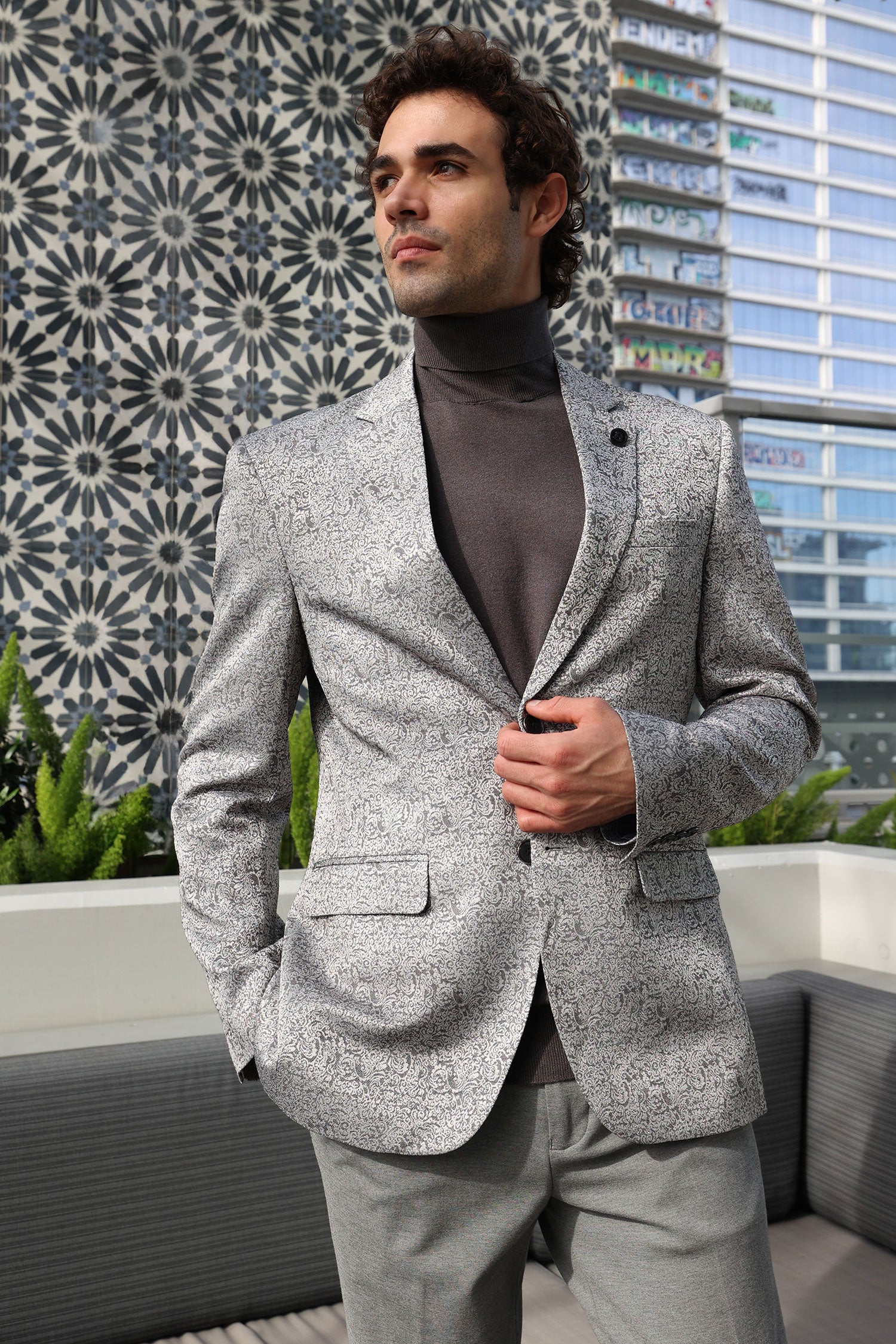 Barabas Men's Floral Geometric Design Notch Lapel Blazer 5BL21 Silver