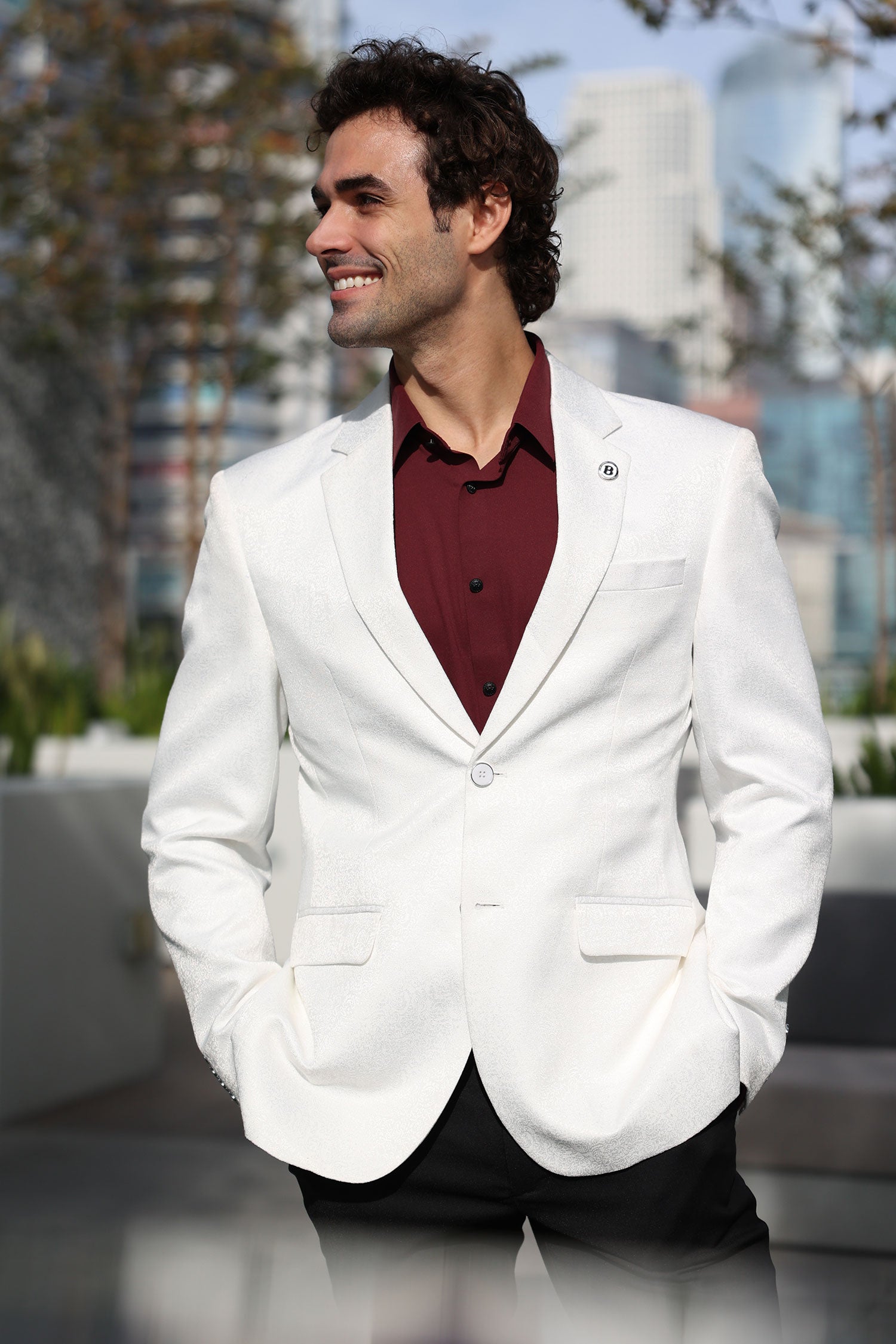 Barabas Men's Floral Geometric Design Notch Lapel Blazer 5BL21 White