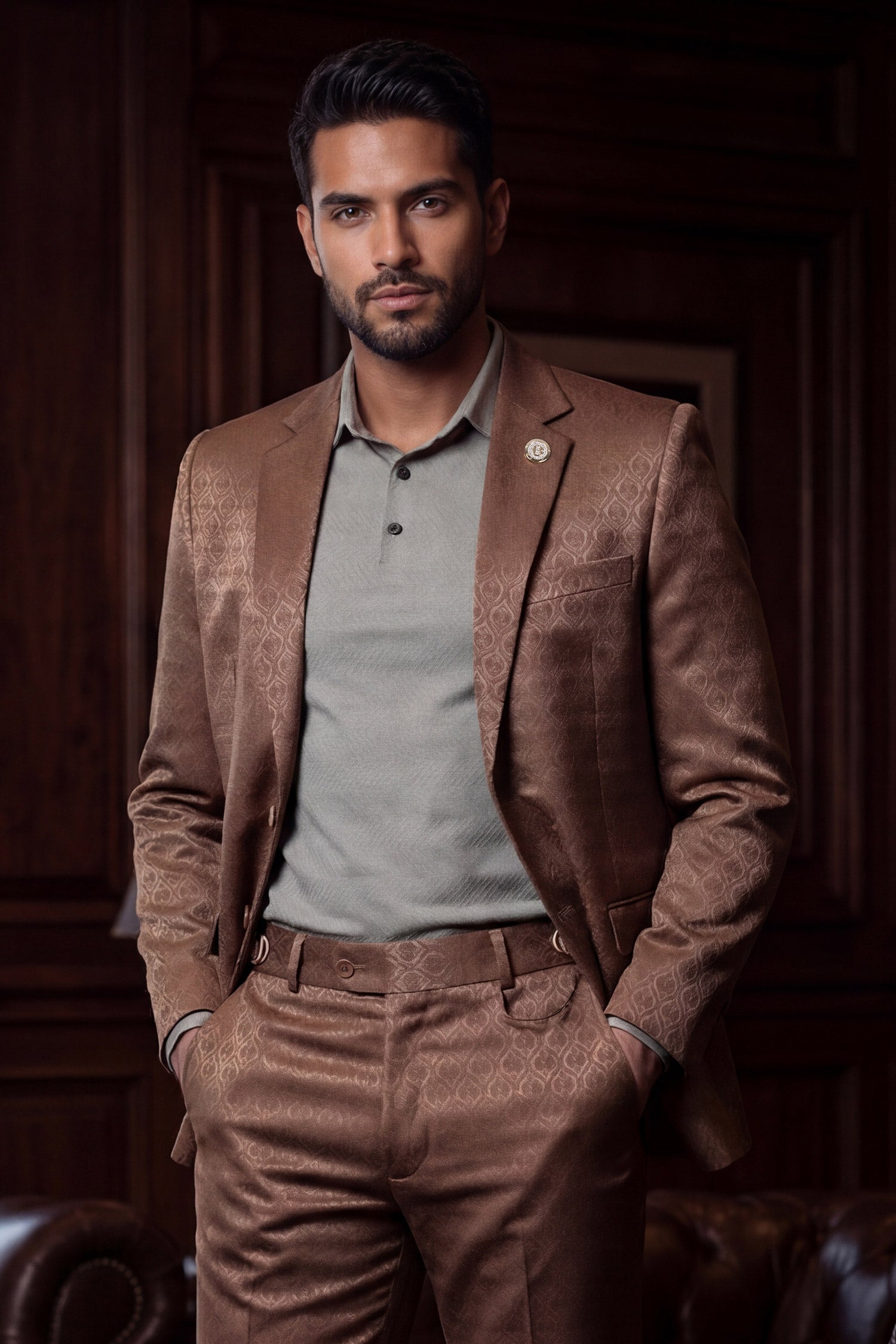 Barabas Men's Floral Pattern Notch Lapel Casual Blazer 5BL24 Golden Brown