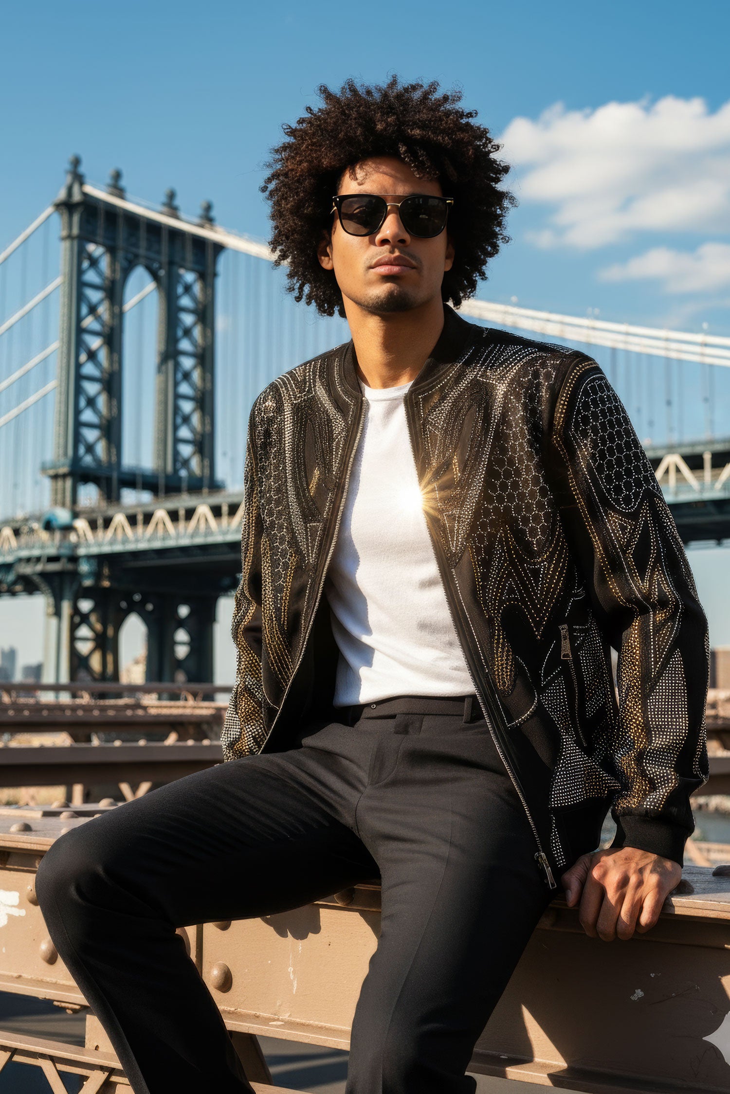 BARABAS Men's Geometric Rhinestone Luxury Bomber Biker Jacket 5BP01 Gold