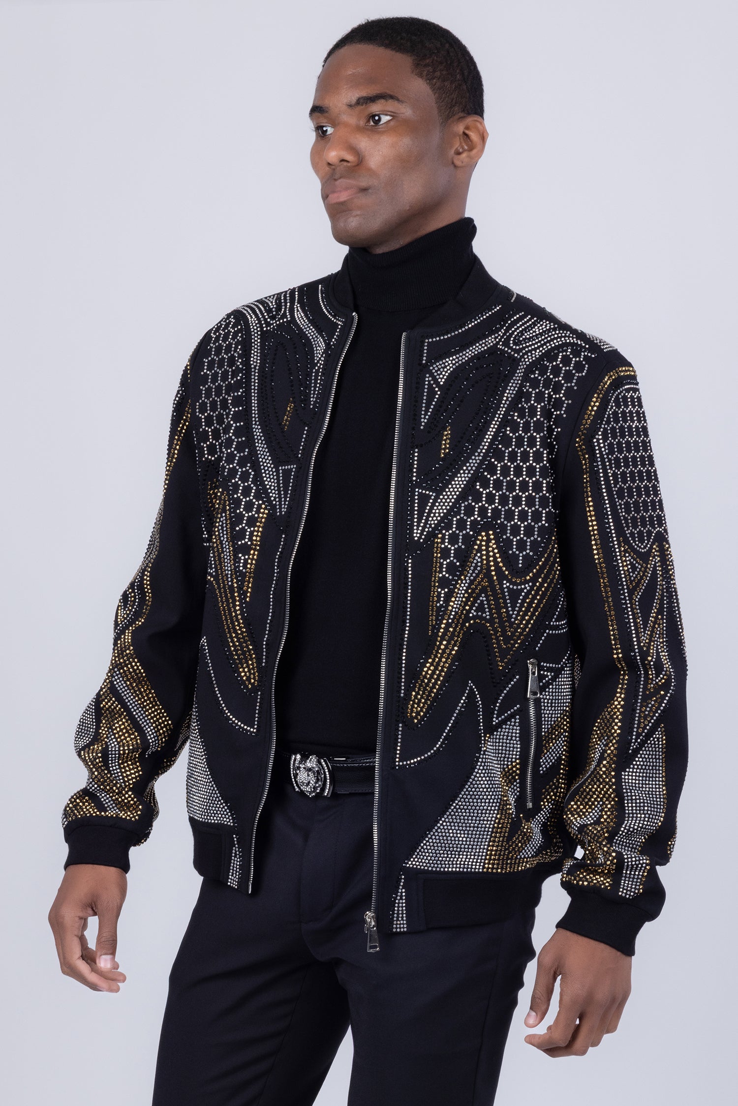 BARABAS Men's Geometric Rhinestone Luxury Bomber Biker Jacket 5BP01 Black