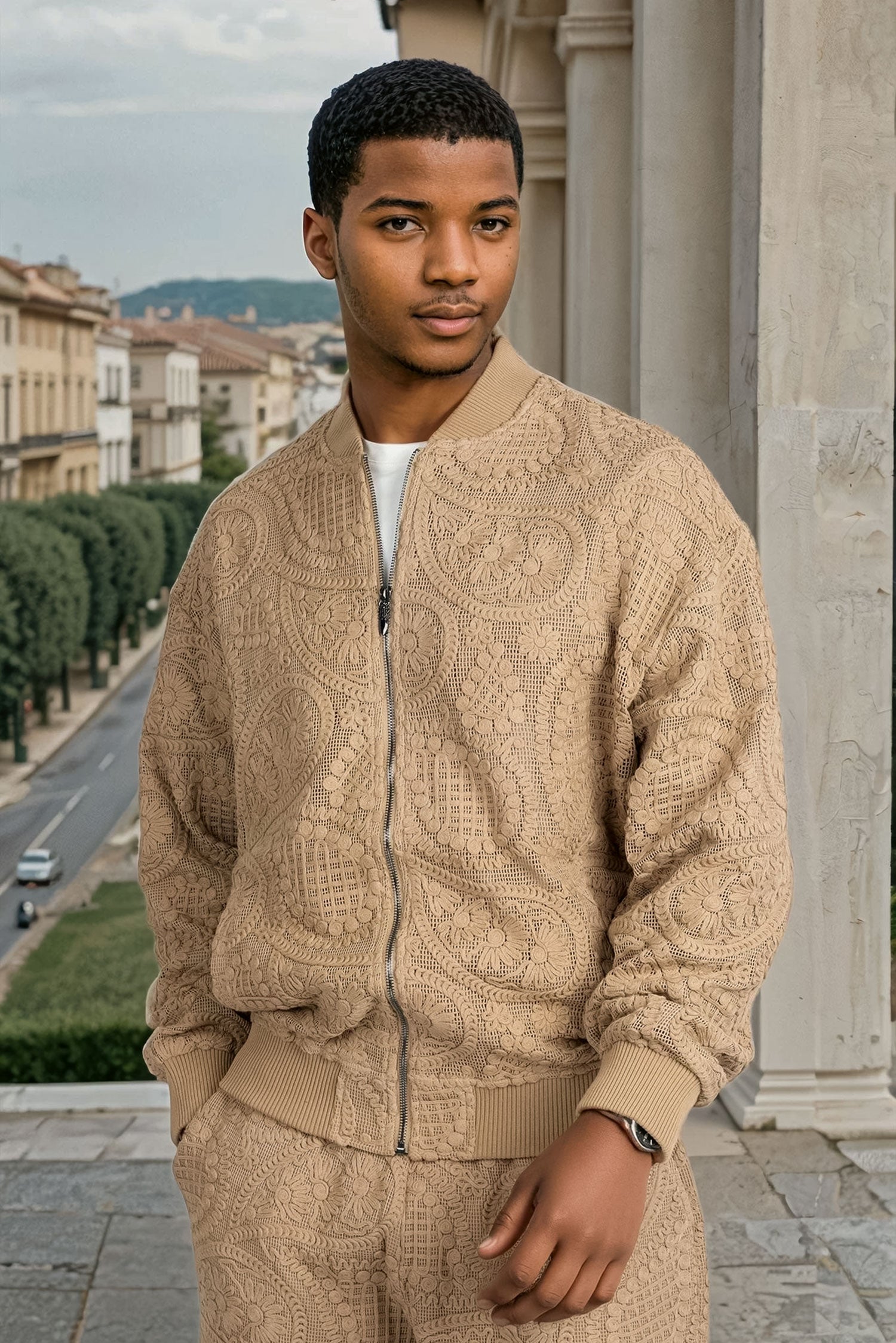 Barabas Men's Paisley Geometric Stretch Luxury Bomber Jacket 5BP02 Camel