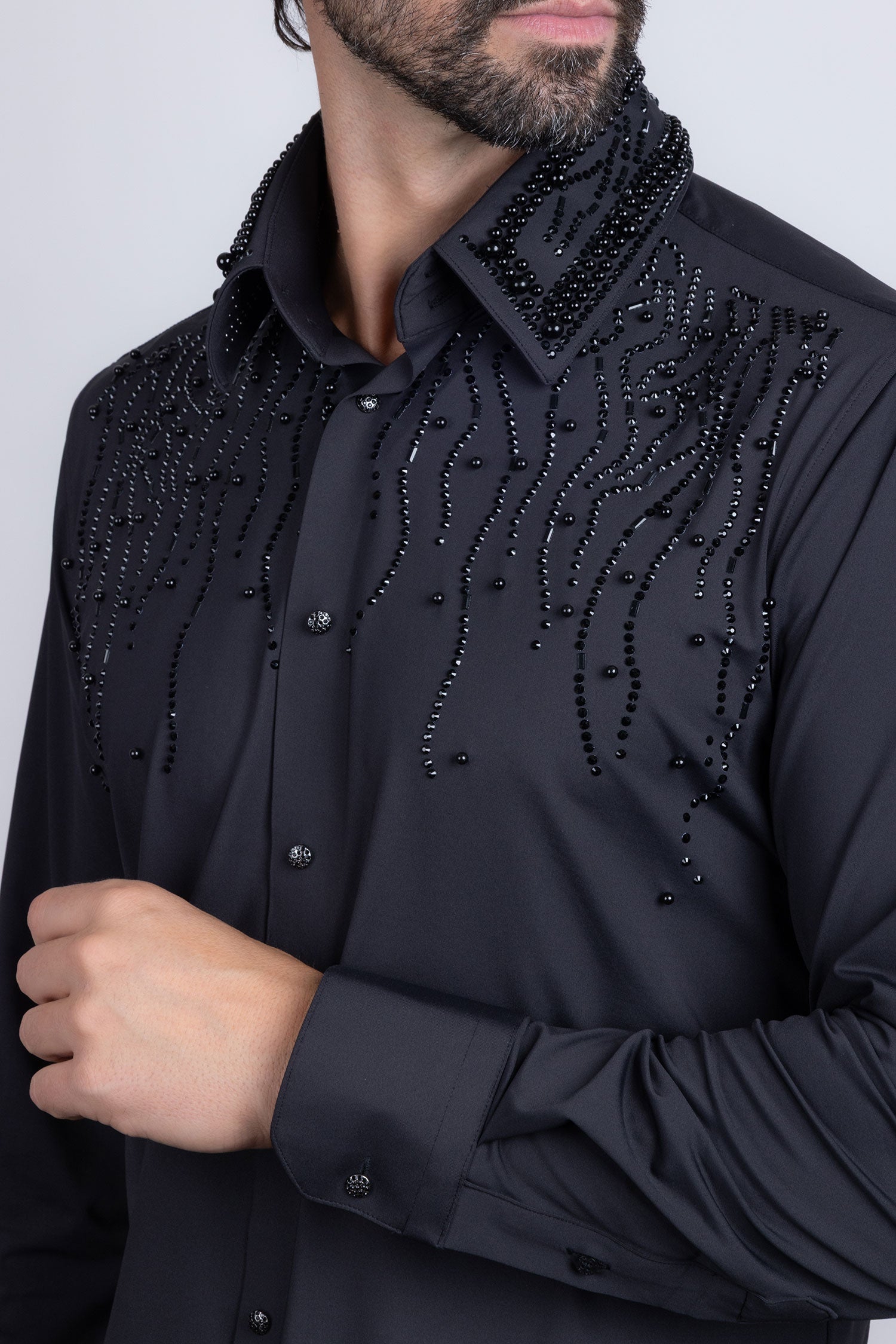 Barabas Men's Rhinestones Geometric Stretch Long Sleeve Shirts 5BR03 Black