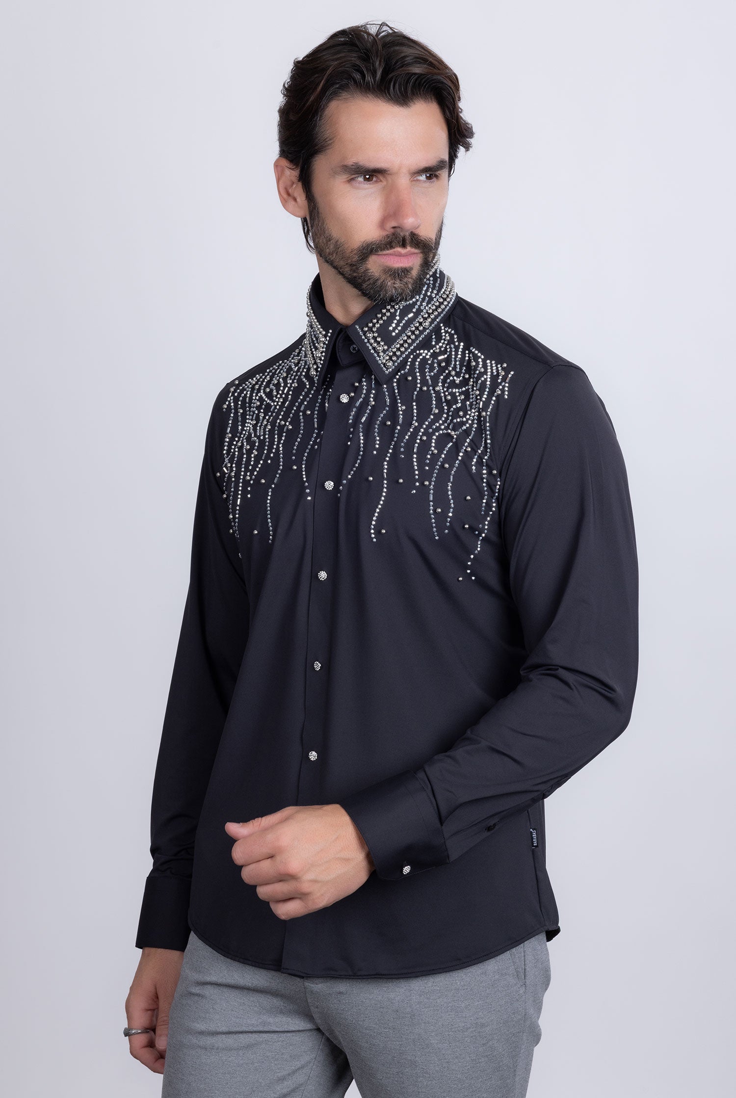 Barabas Men's Rhinestones Geometric Stretch Long Sleeve Shirts 5BR03 Black Silver