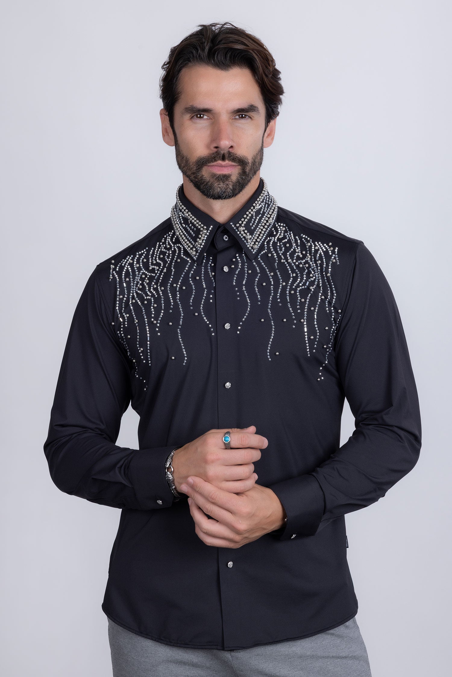 Barabas Men's Rhinestones Geometric Stretch Long Sleeve Shirts 5BR03 Black Silver