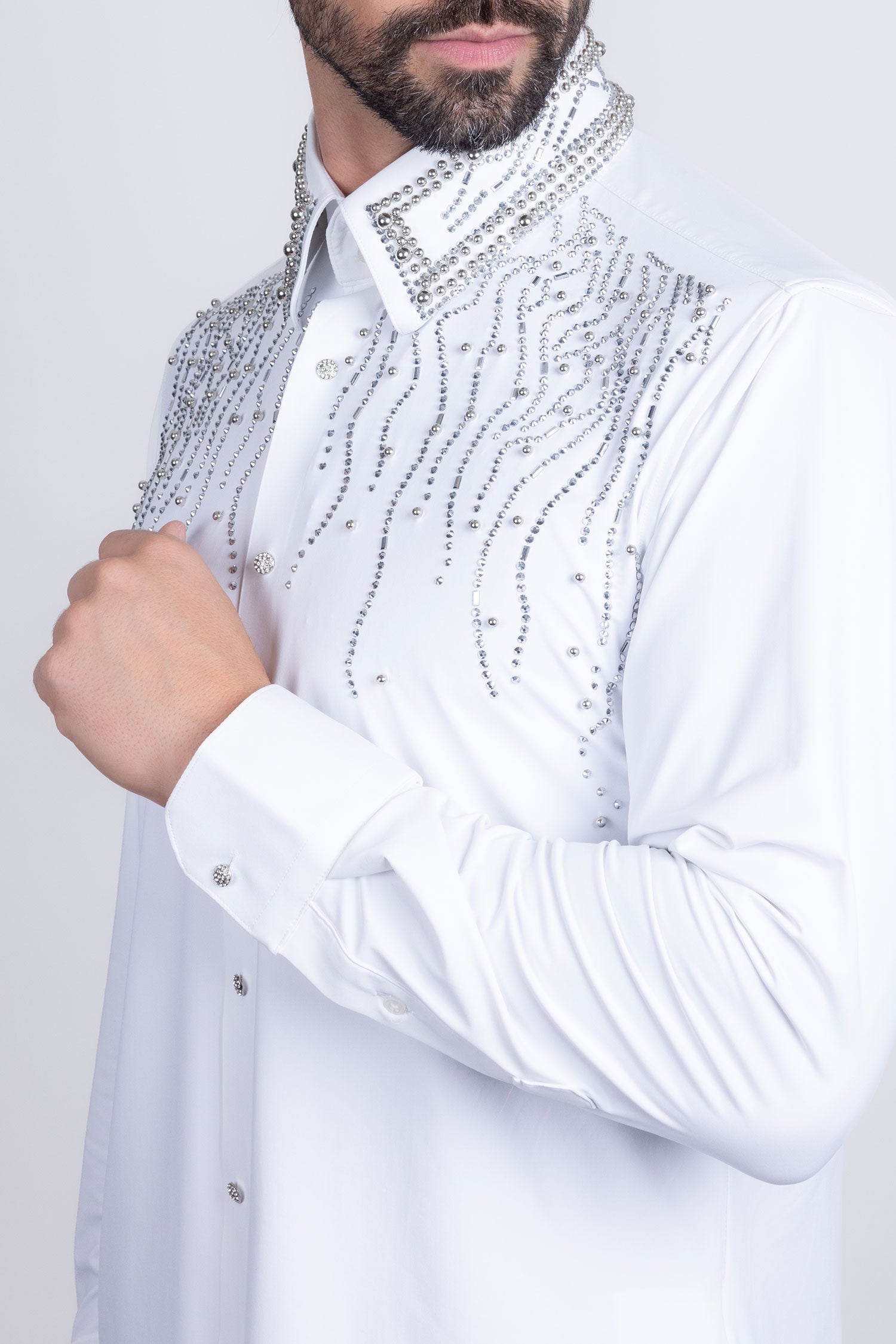 Barabas Men's Rhinestones Geometric Stretch Long Sleeve Shirts 5BR03 White