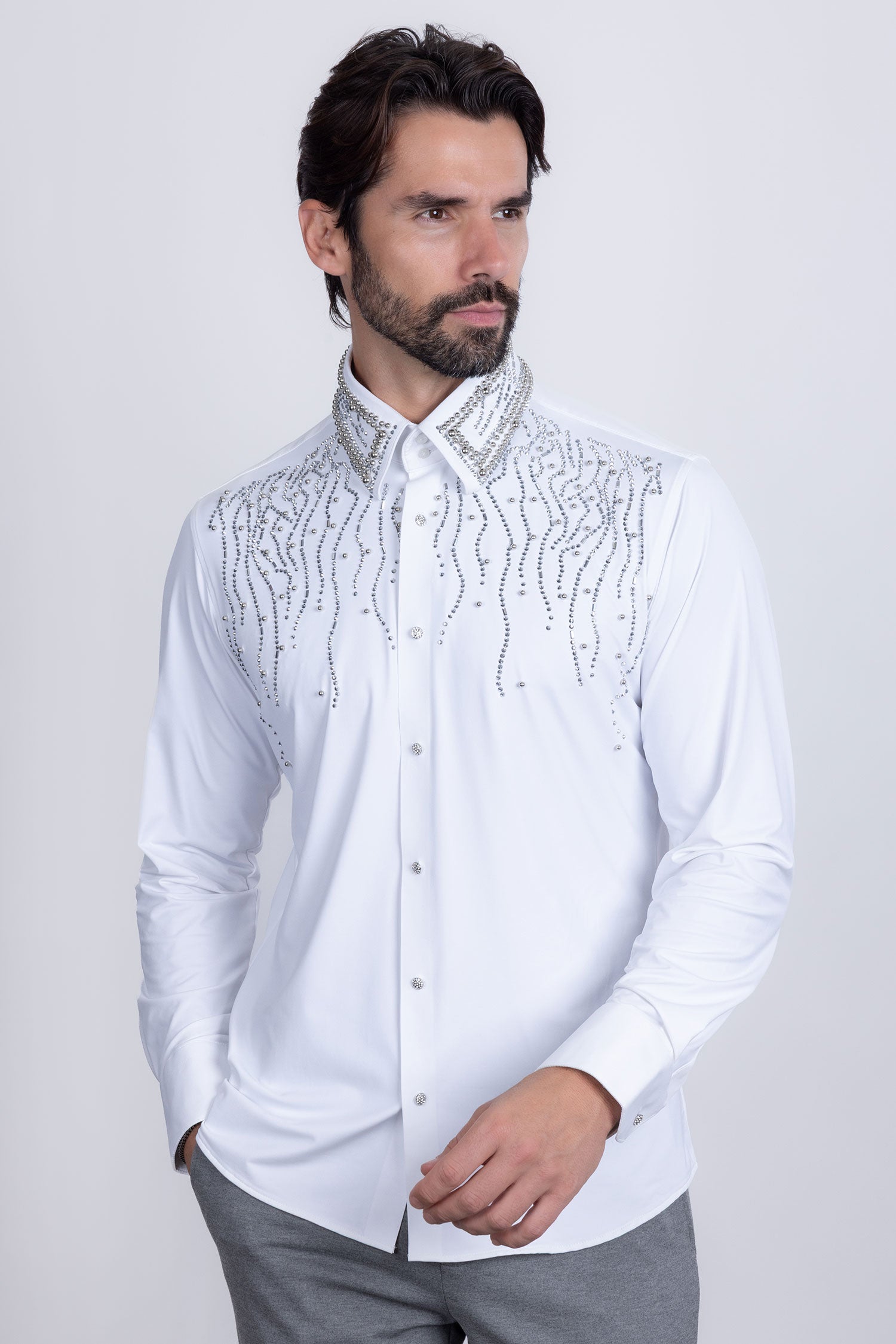 Barabas Men's Rhinestones Geometric Stretch Long Sleeve Shirts 5BR03 White