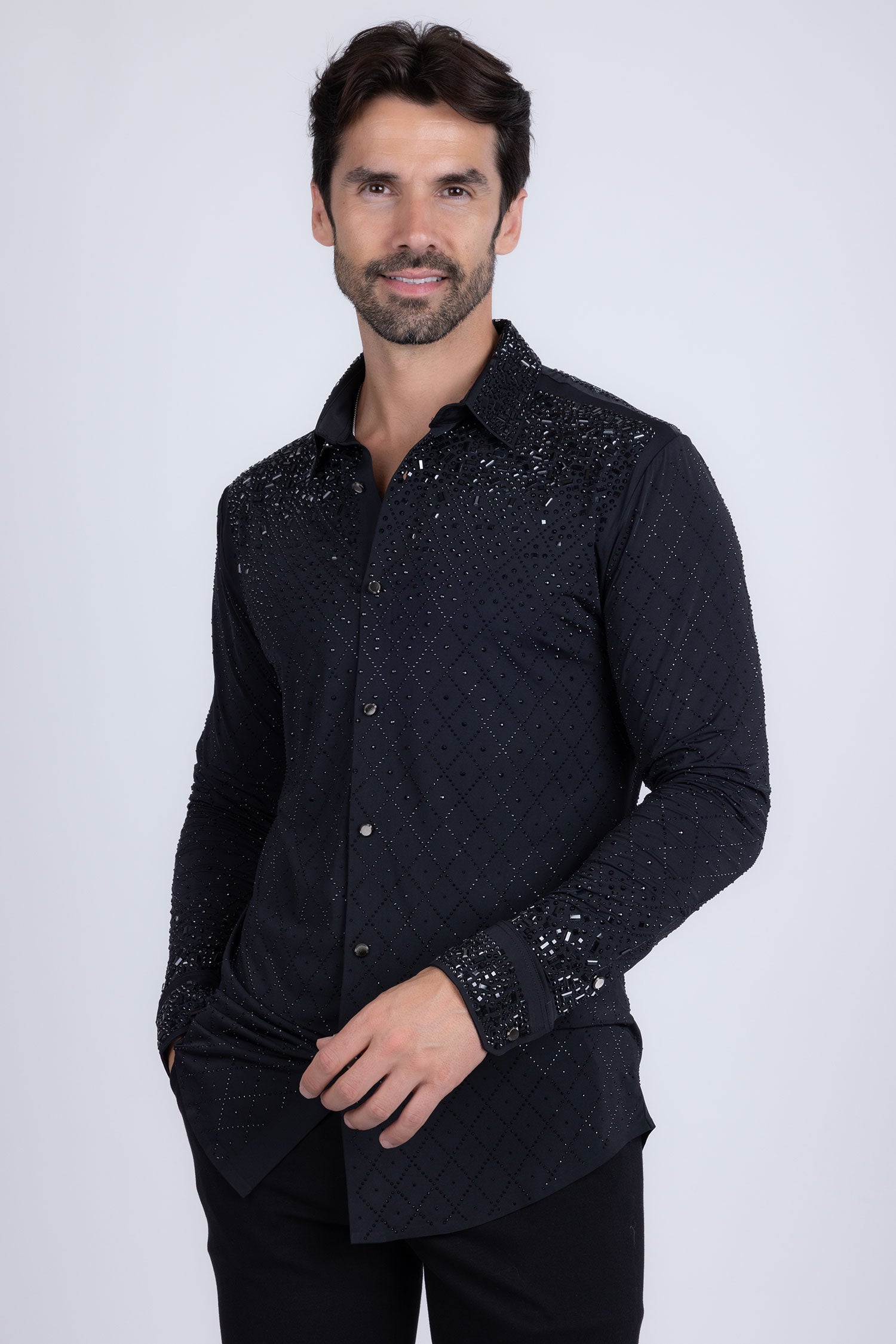Barabas Men's Rhinestones Geometric Stretch Long Sleeve Shirts 5BR20 Black