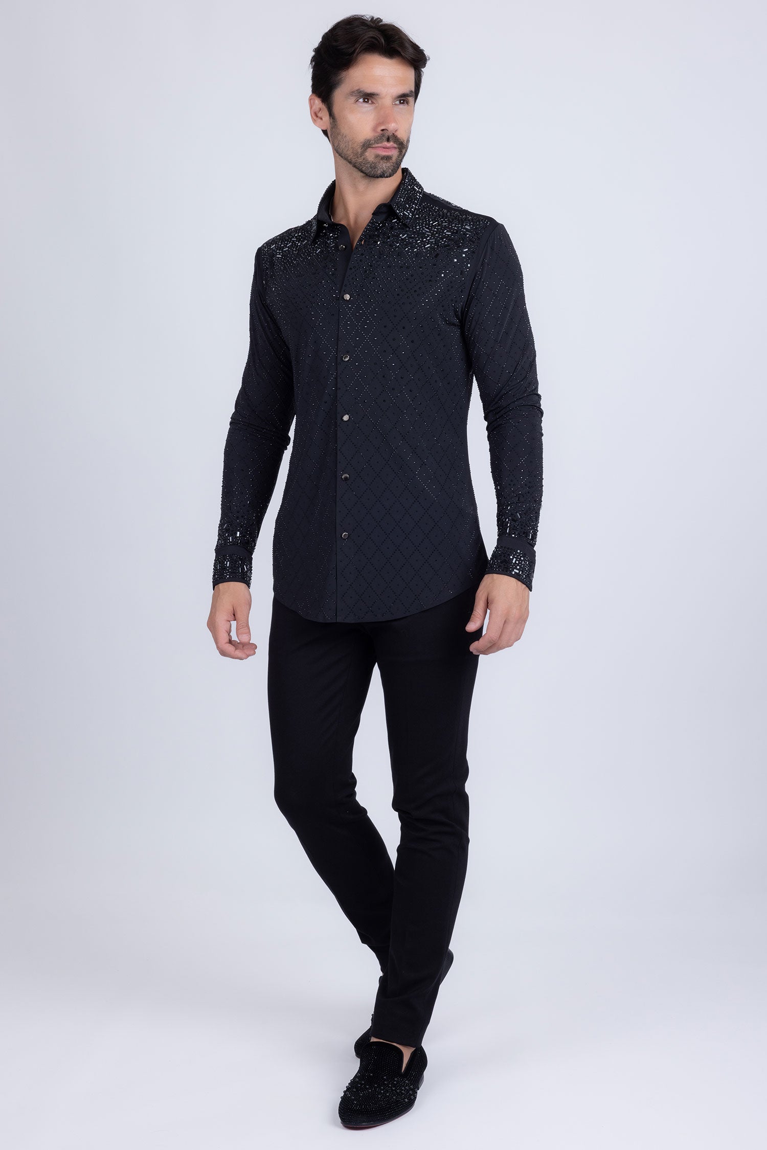 Barabas Men's Rhinestones Geometric Stretch Long Sleeve Shirts 5BR20 Black