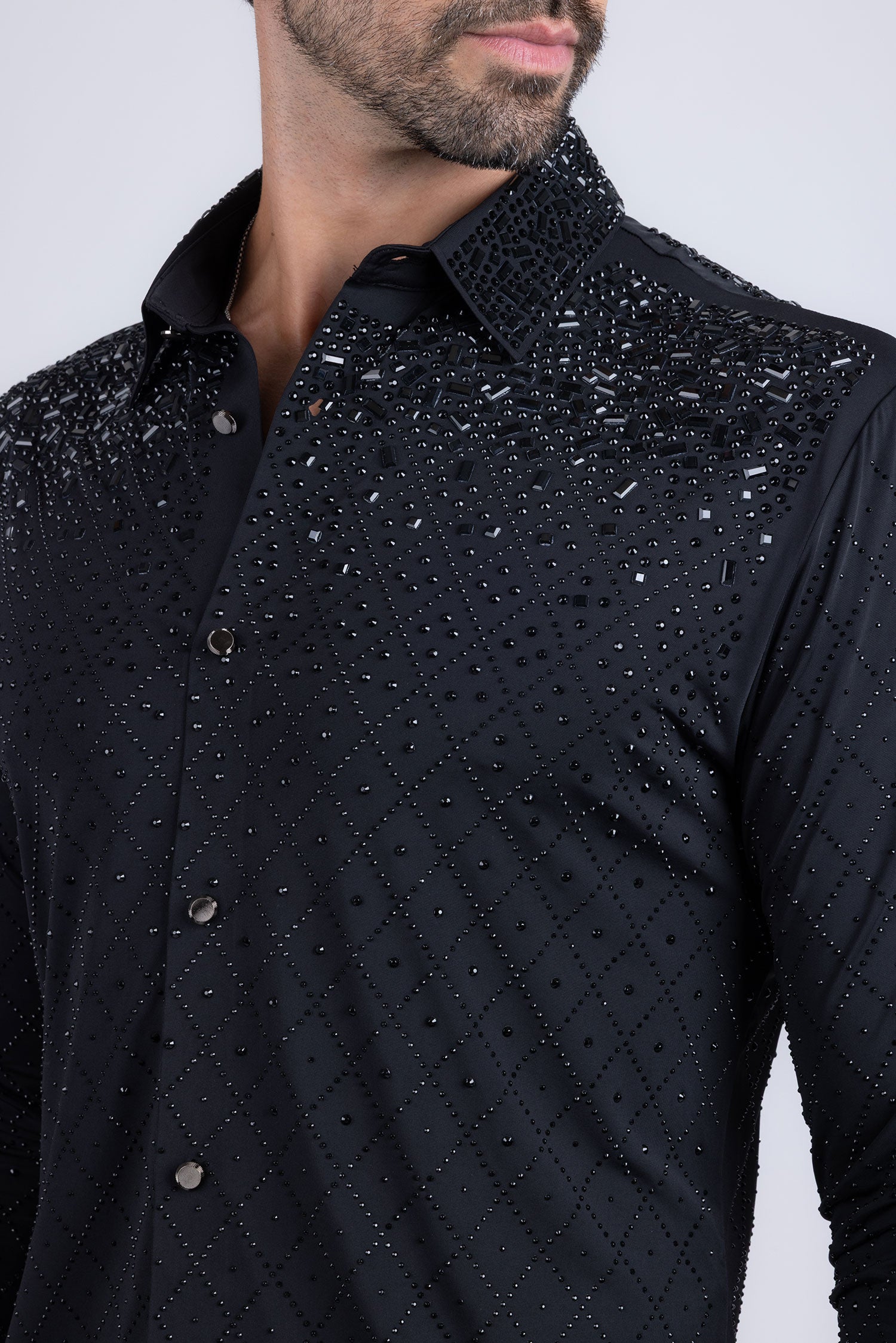 Barabas Men's Rhinestones Geometric Stretch Long Sleeve Shirts 5BR20 Black