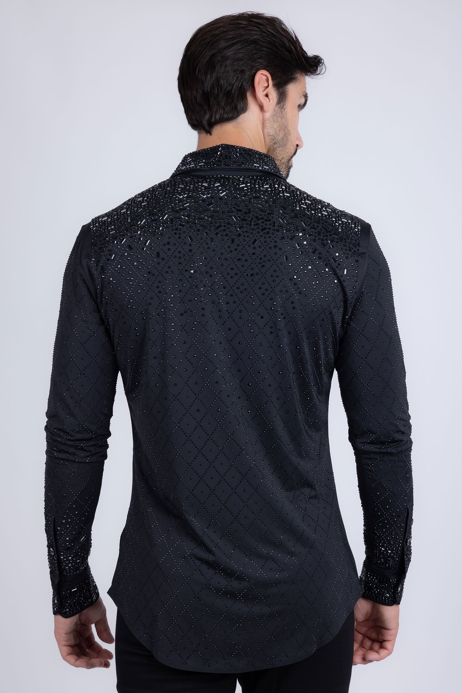 Barabas Men's Rhinestones Geometric Stretch Long Sleeve Shirts 5BR20 Black