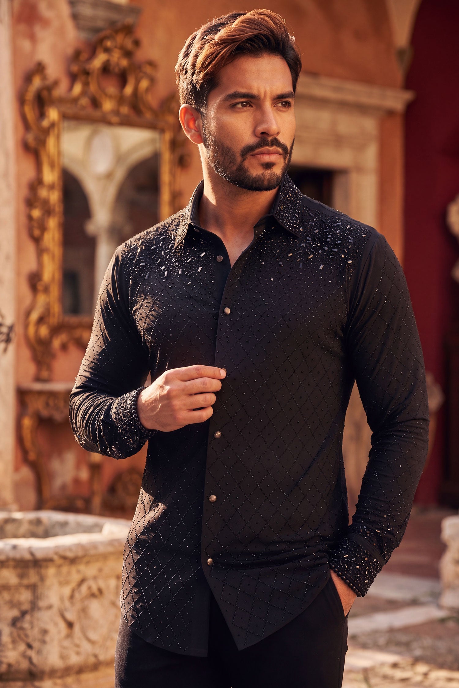 Barabas Men's Rhinestones Geometric Stretch Long Sleeve Shirts 5BR20 Black