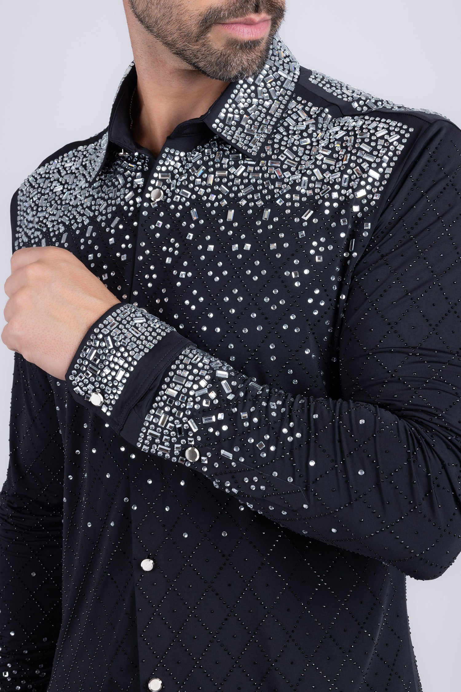 Barabas Men's Rhinestones Geometric Stretch Long Sleeve Shirts 5BR20 Black Silver