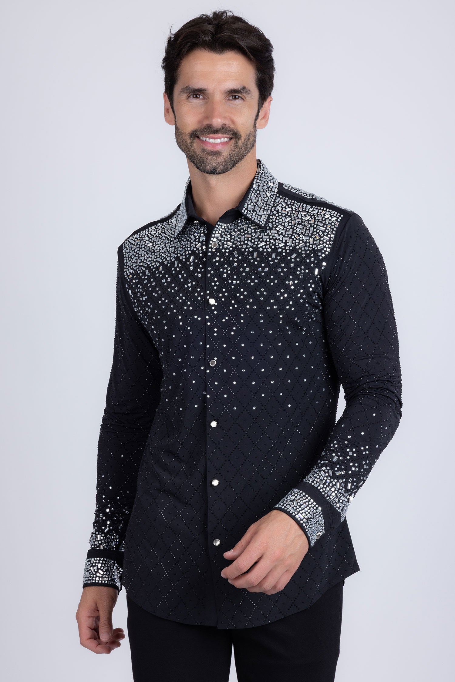 Barabas Men's Rhinestones Geometric Stretch Long Sleeve Shirts 5BR20 Black Silver