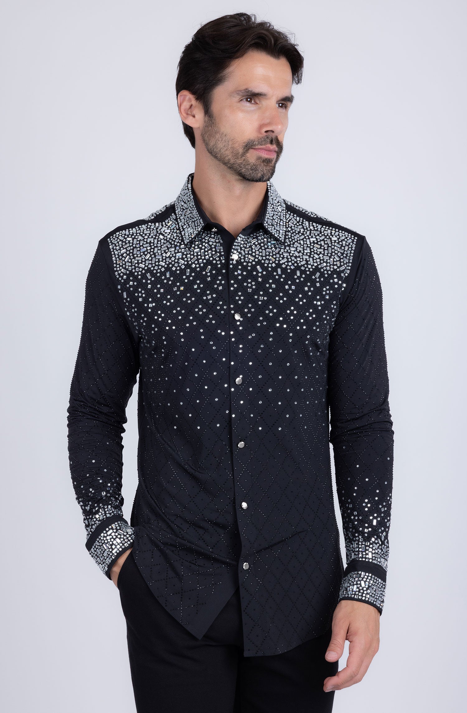 Barabas Men's Rhinestones Geometric Stretch Long Sleeve Shirts 5BR20 Black Silver