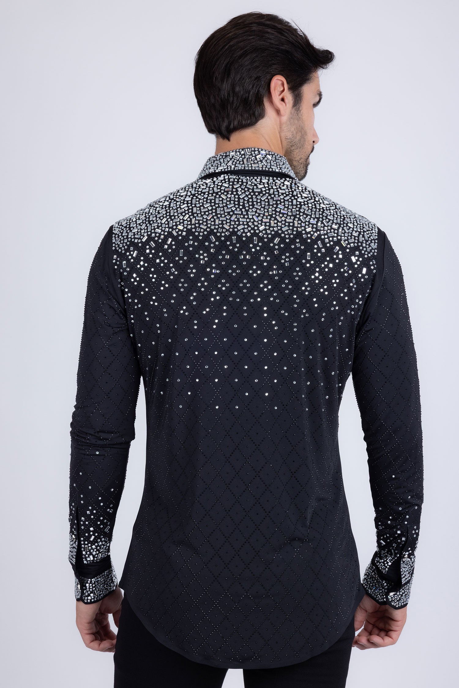 Barabas Men's Rhinestones Geometric Stretch Long Sleeve Shirts 5BR20 Black Silver
