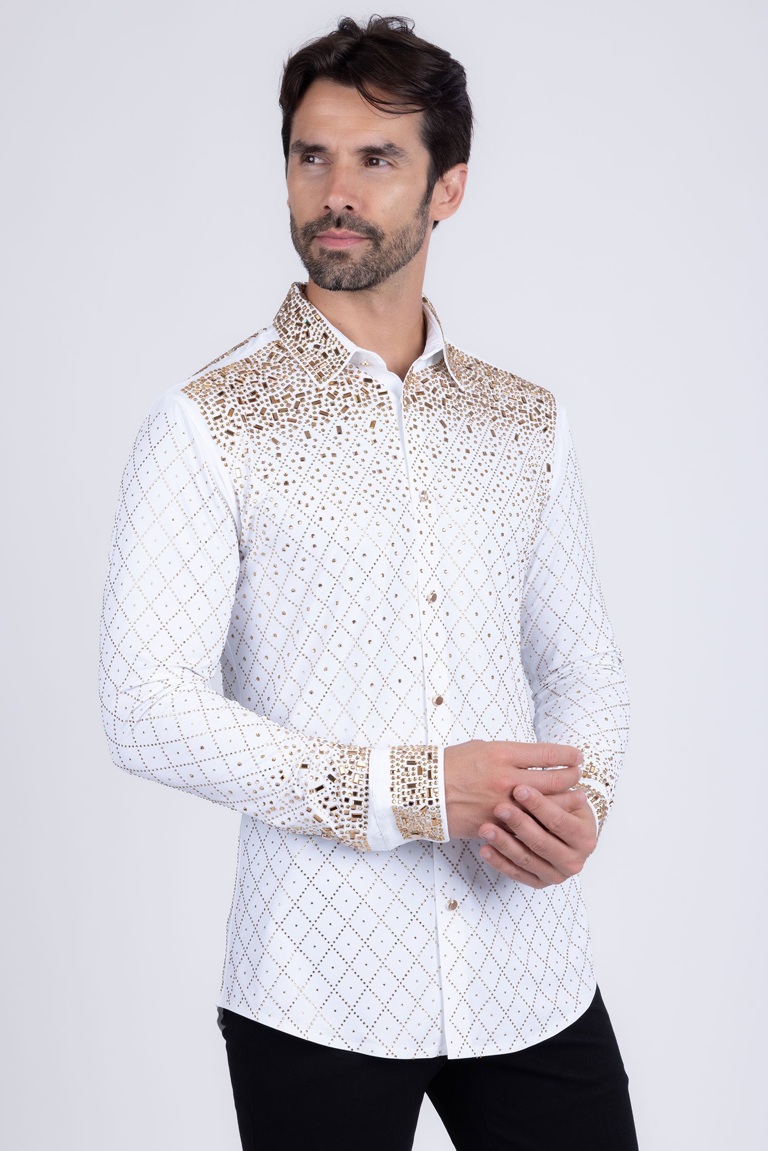 Barabas Men's Rhinestones Geometric Stretch Long Sleeve Shirts 5BR20 White