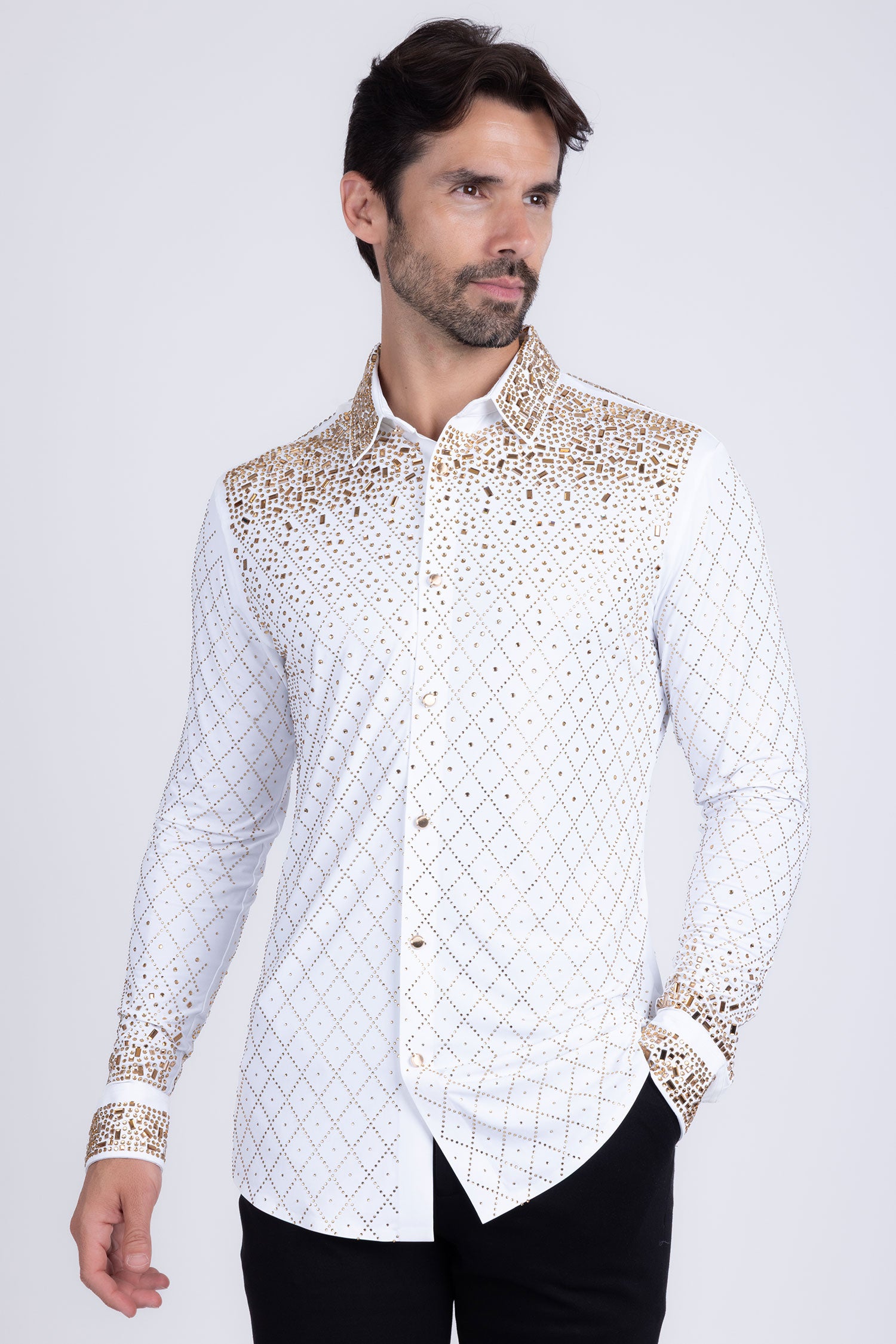 Barabas Men's Rhinestones Geometric Stretch Long Sleeve Shirts 5BR20 White