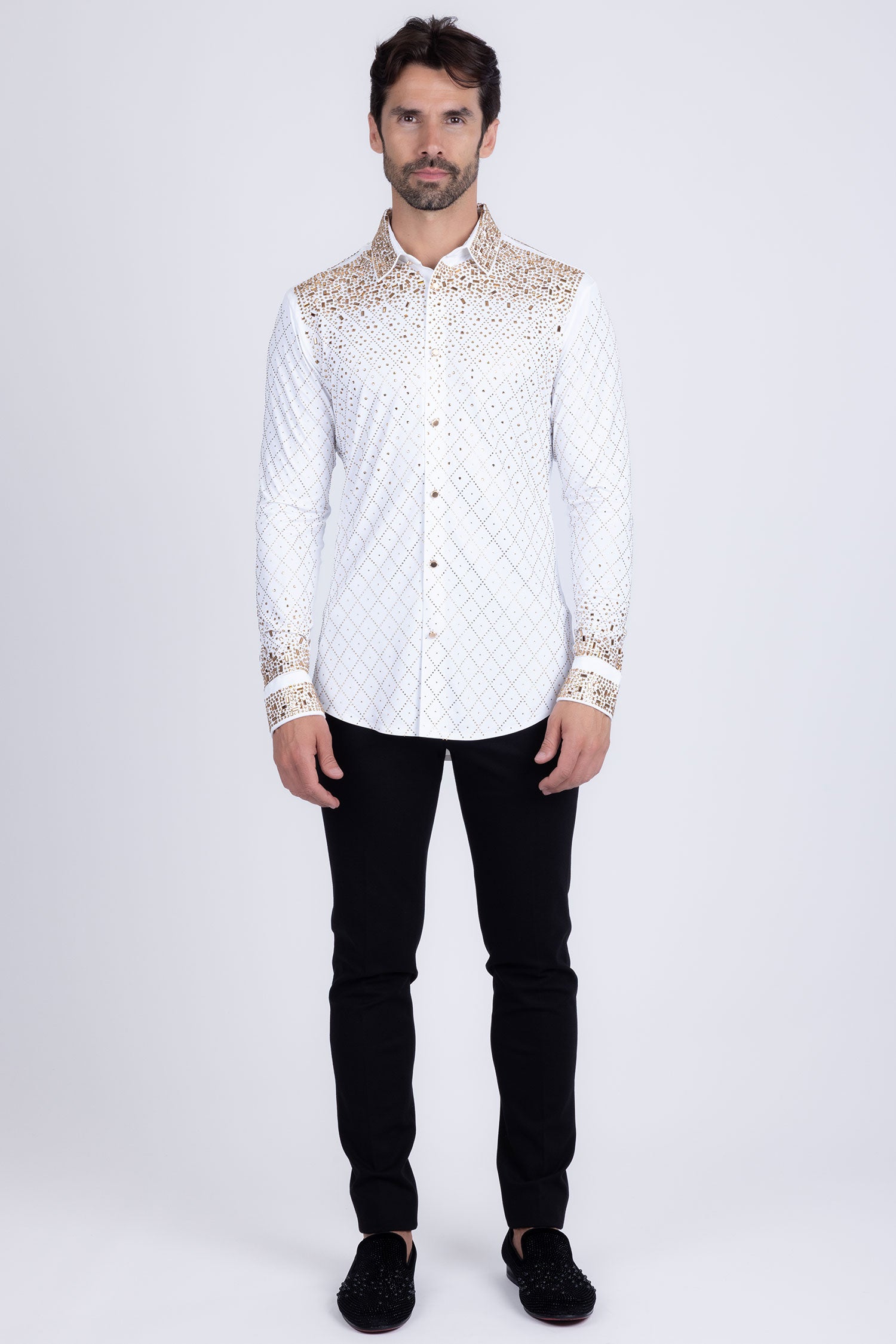 Barabas Men's Rhinestones Geometric Stretch Long Sleeve Shirts 5BR20 White