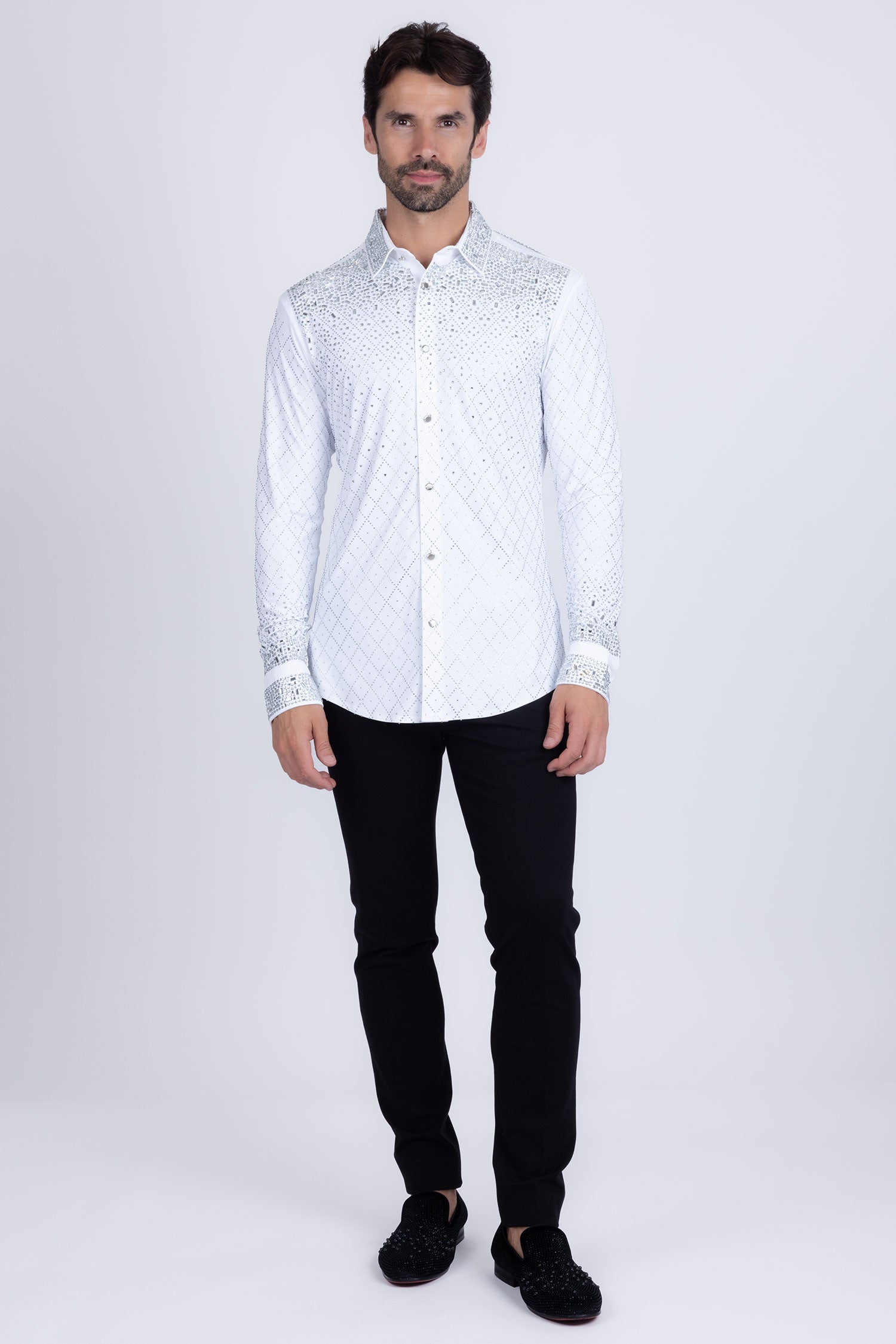 Barabas Men's Rhinestones Geometric Stretch Long Sleeve Shirts 5BR20 White