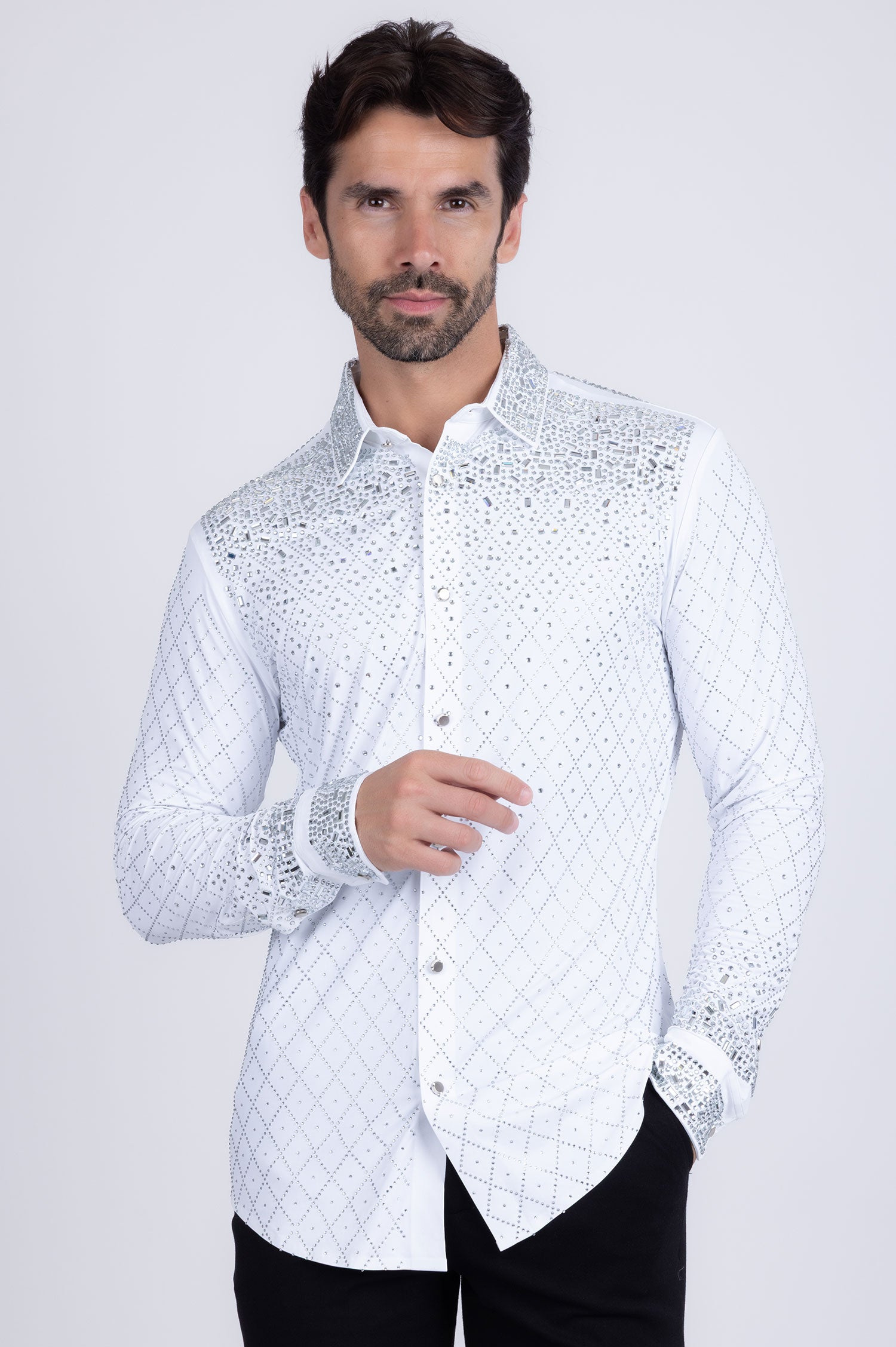 Barabas Men's Rhinestones Geometric Stretch Long Sleeve Shirts 5BR20 White