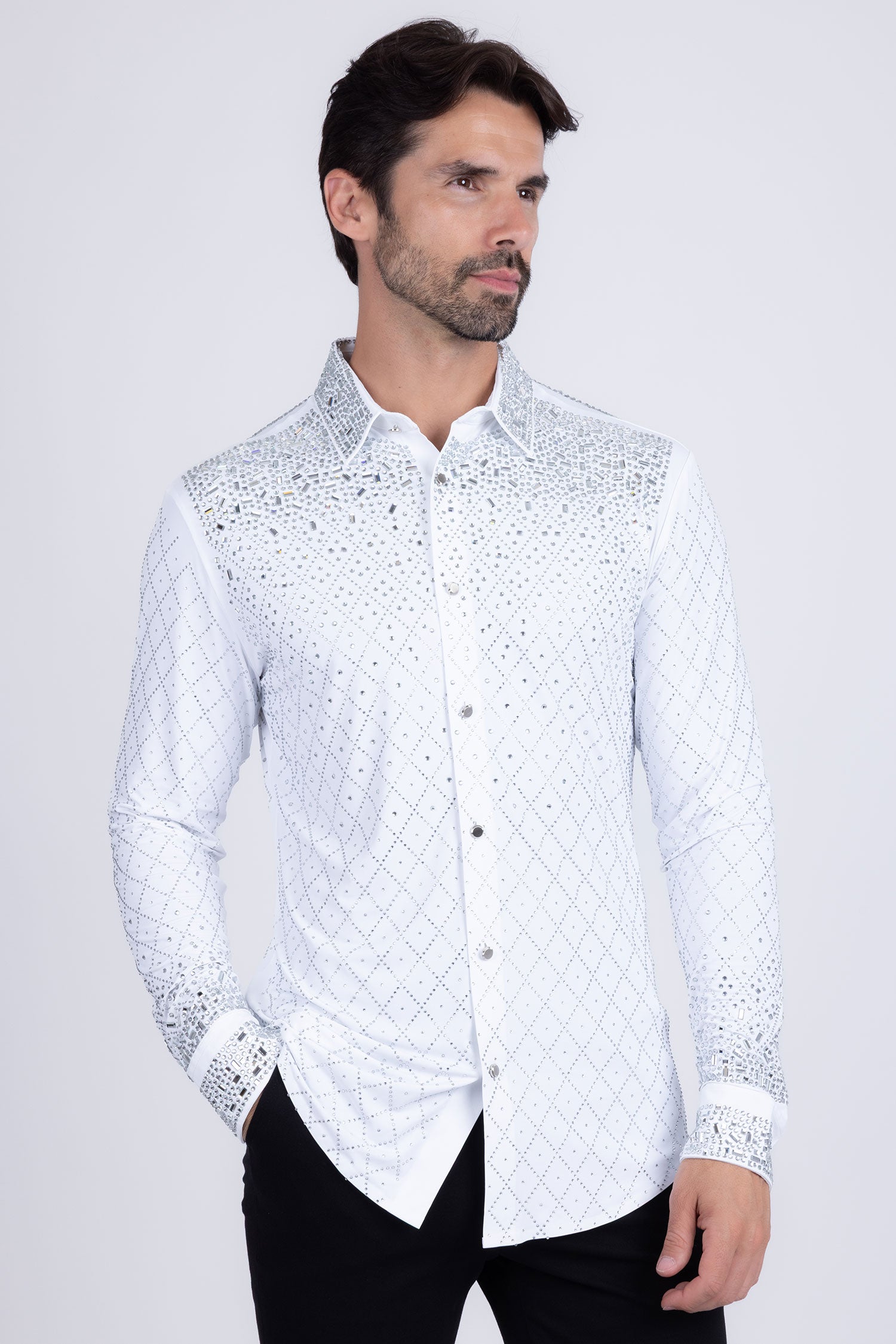 Barabas Men's Rhinestones Geometric Stretch Long Sleeve Shirts 5BR20 White