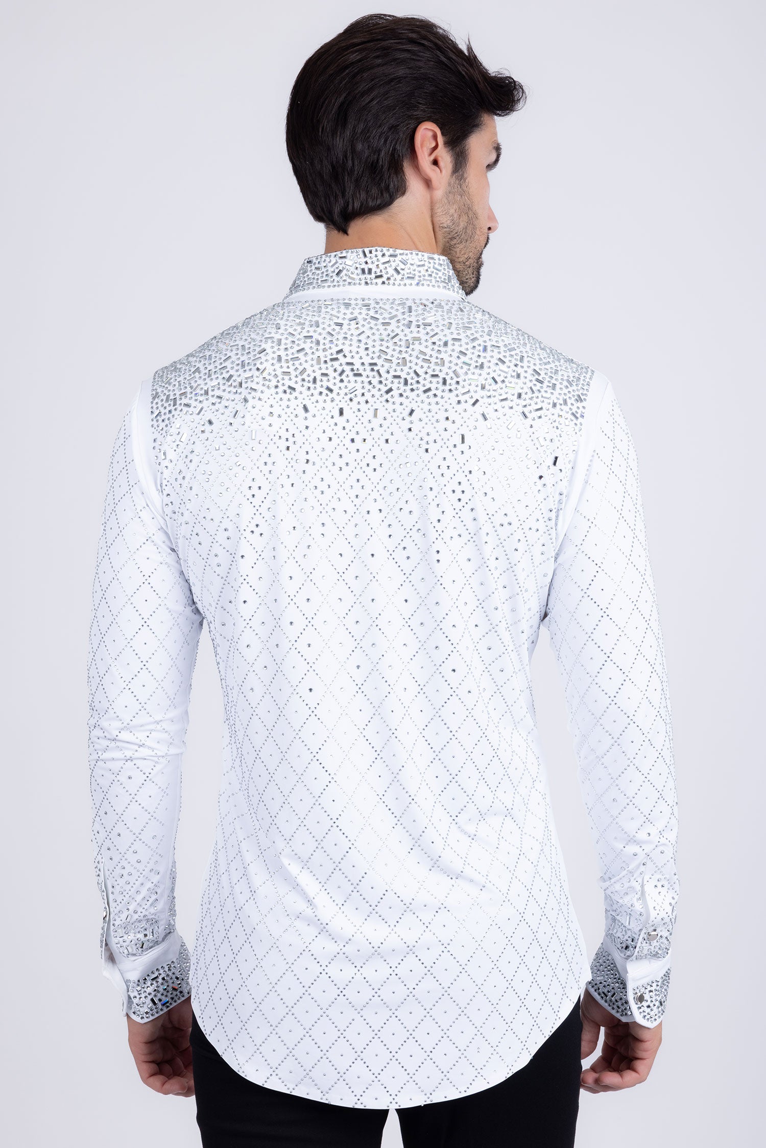 Barabas Men's Rhinestones Geometric Stretch Long Sleeve Shirts 5BR20 White