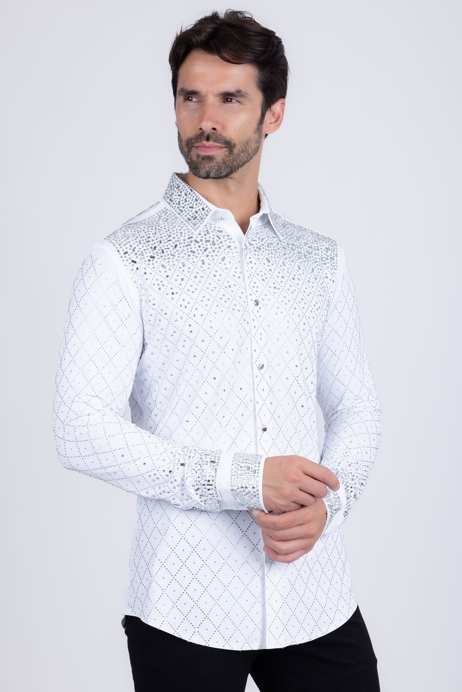Barabas Men's Rhinestones Geometric Stretch Long Sleeve Shirts 5BR20 White