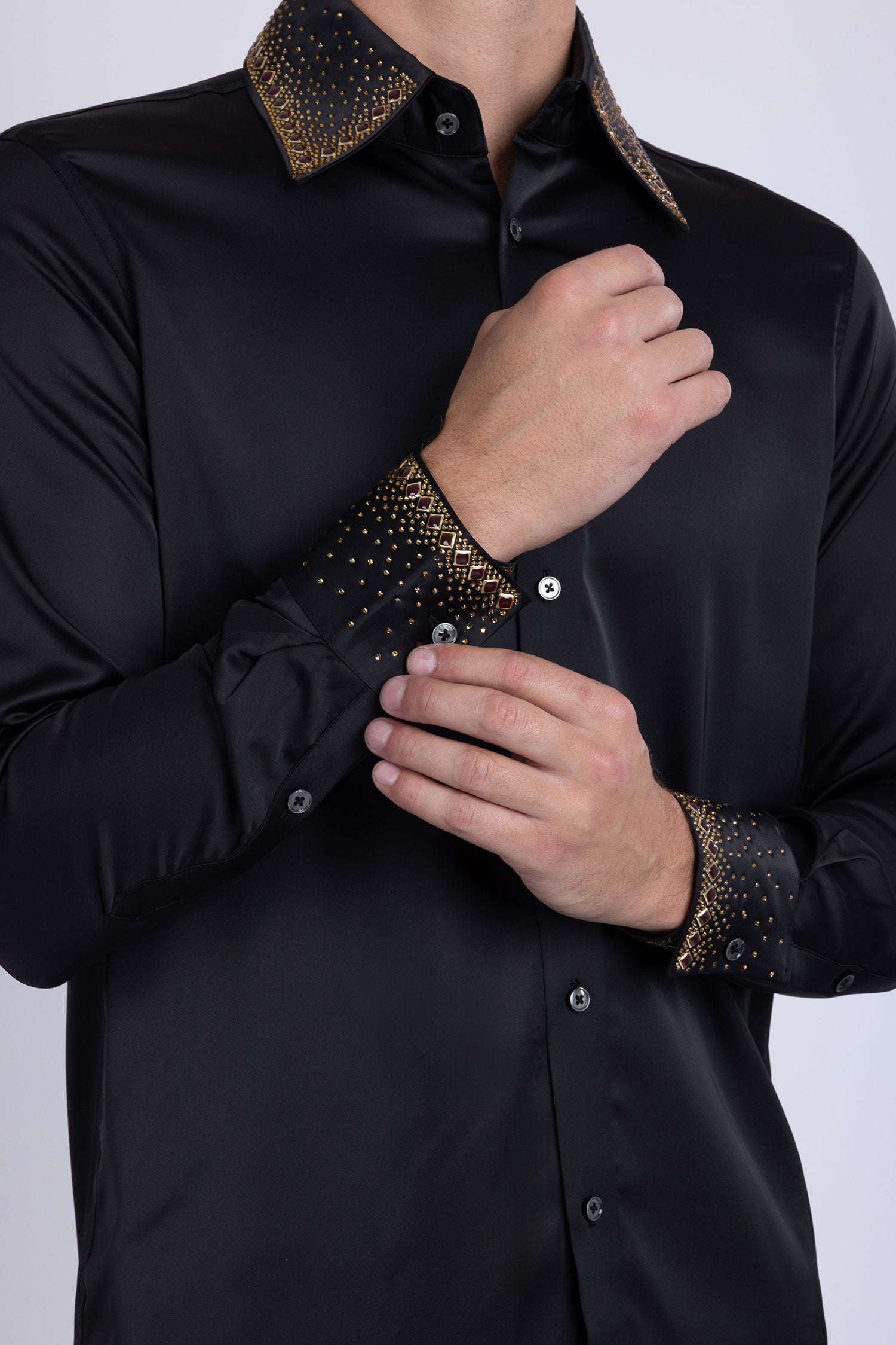 Barabas Men's Rhinestones Collar Stretch Long Sleeve Shirts 5BR21 Black Gold